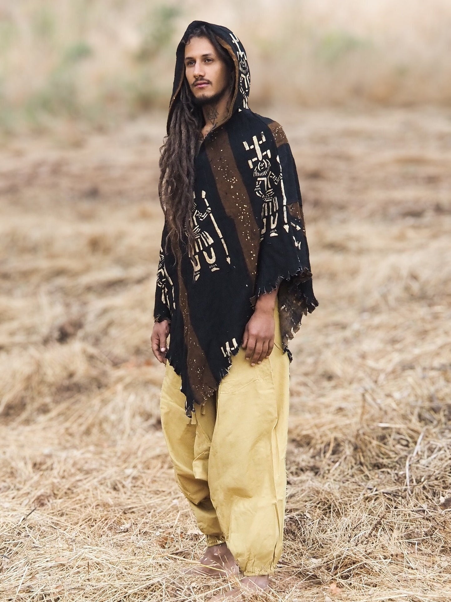 Tribal Poncho, Mud Cloth Poncho, Raw Organic Cotton Poncho, Hooded Poncho, African Poncho, Bogolan, Organic Dye Poncho, Unisex Poncho