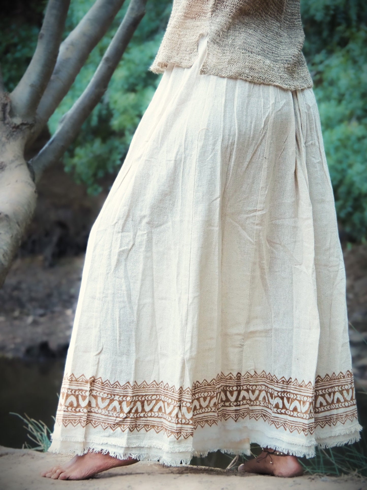 Tribal Raw Cotton Block Print Maxi Skirt, Long Block Print Skirt, Earthy Clothing, White Maxi Skirt, Long Boho Skirt, Gypsy Style