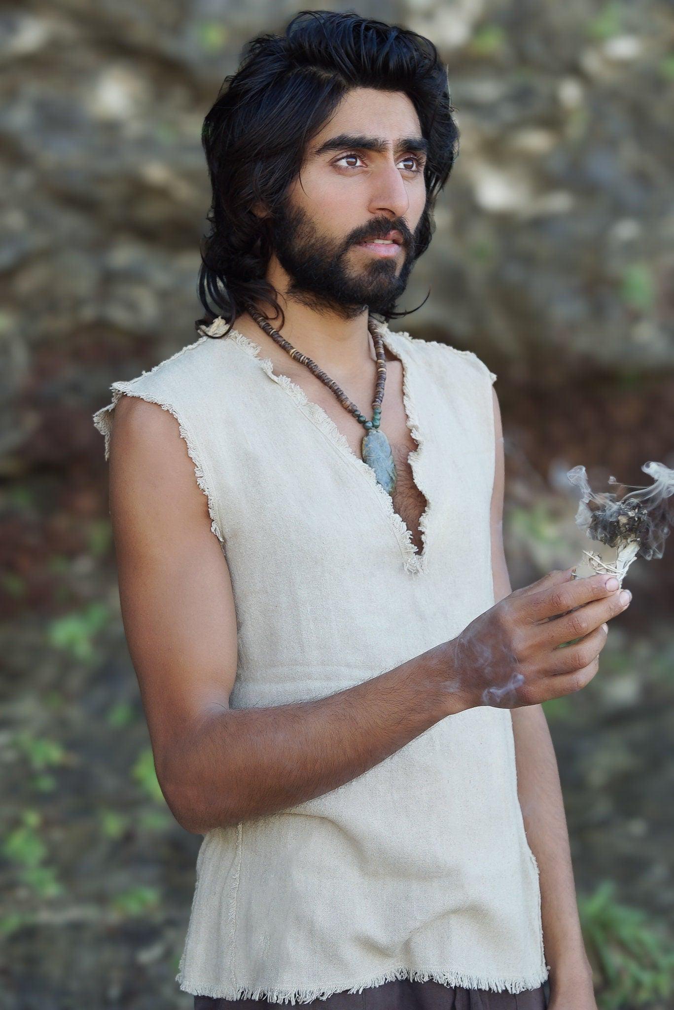 Men's Raw Silk Tank Top, Frayed Sleeveless Shirt, Boho Shirt for Men, Ceremonial Shirt, Bohemian Clothing, Earthy Men Shirt, Gift For Him