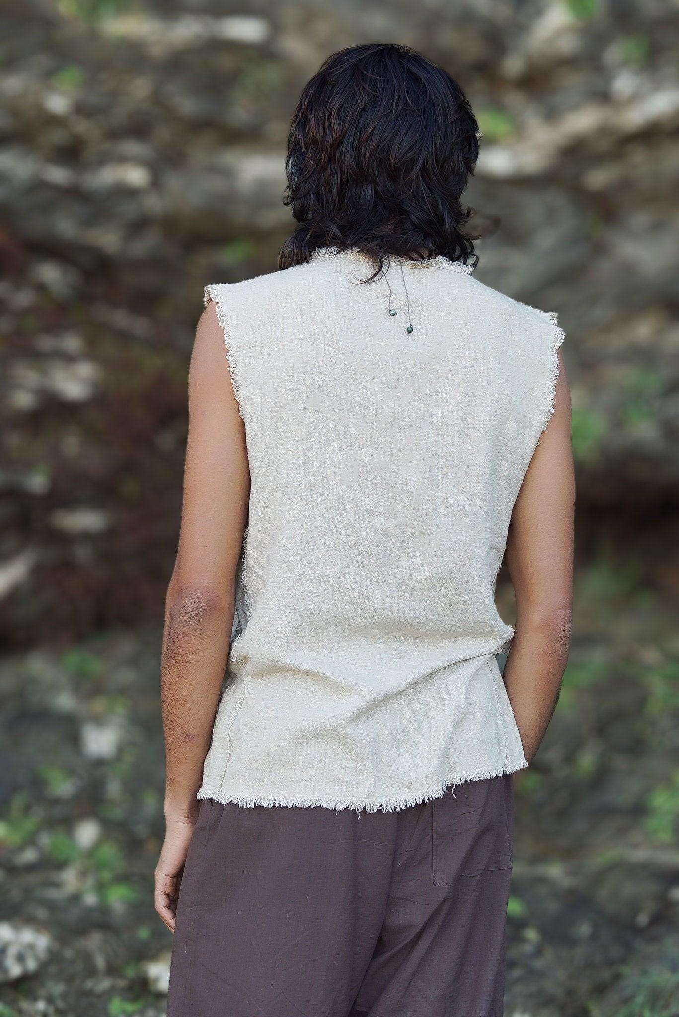 Men's Raw Silk Tank Top, Frayed Sleeveless Shirt, Boho Shirt for Men, Ceremonial Shirt, Bohemian Clothing, Earthy Men Shirt, Gift For Him