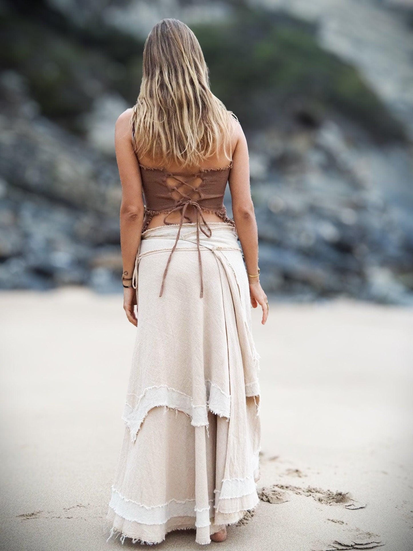 Layered Boho Maxi Skirt, Hippie Drape Skirt, Cotton Wrap Skirt, Long Pixie Skirt, Fairy Skirt, Festival Clothing, Natural Raw Cotton Skirt