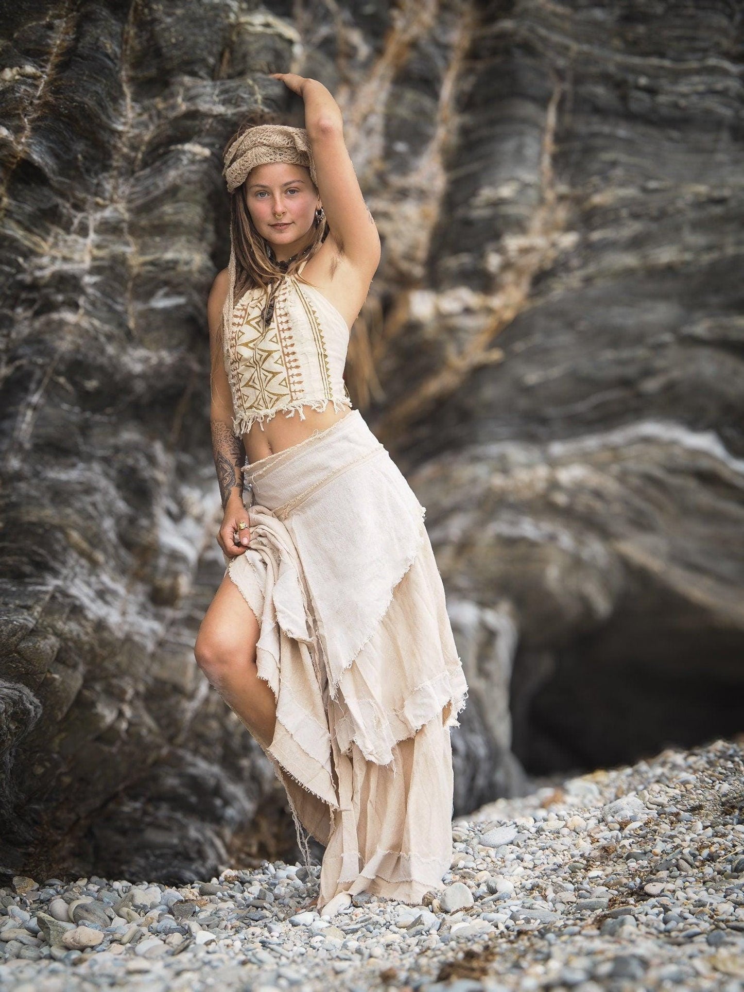 Layered Boho Maxi Skirt, Hippie Drape Skirt, Cotton Wrap Skirt, Long Pixie Skirt, Fairy Skirt, Festival Clothing, Natural Raw Cotton Skirt