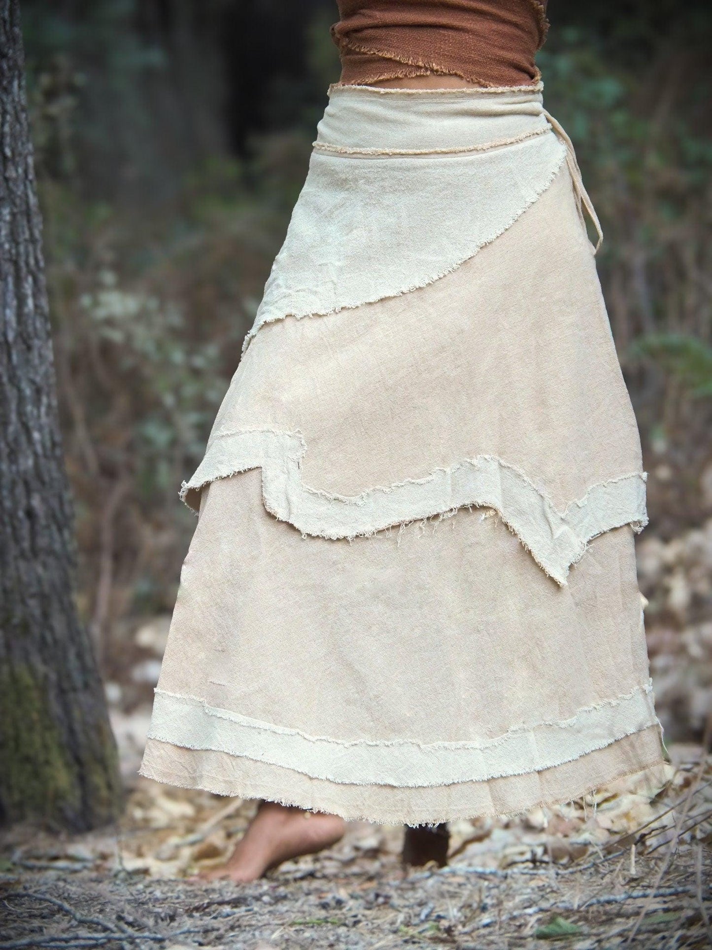 Layered Boho Maxi Skirt, Hippie Drape Skirt, Cotton Wrap Skirt, Long Pixie Skirt, Fairy Skirt, Festival Clothing, Natural Raw Cotton Skirt