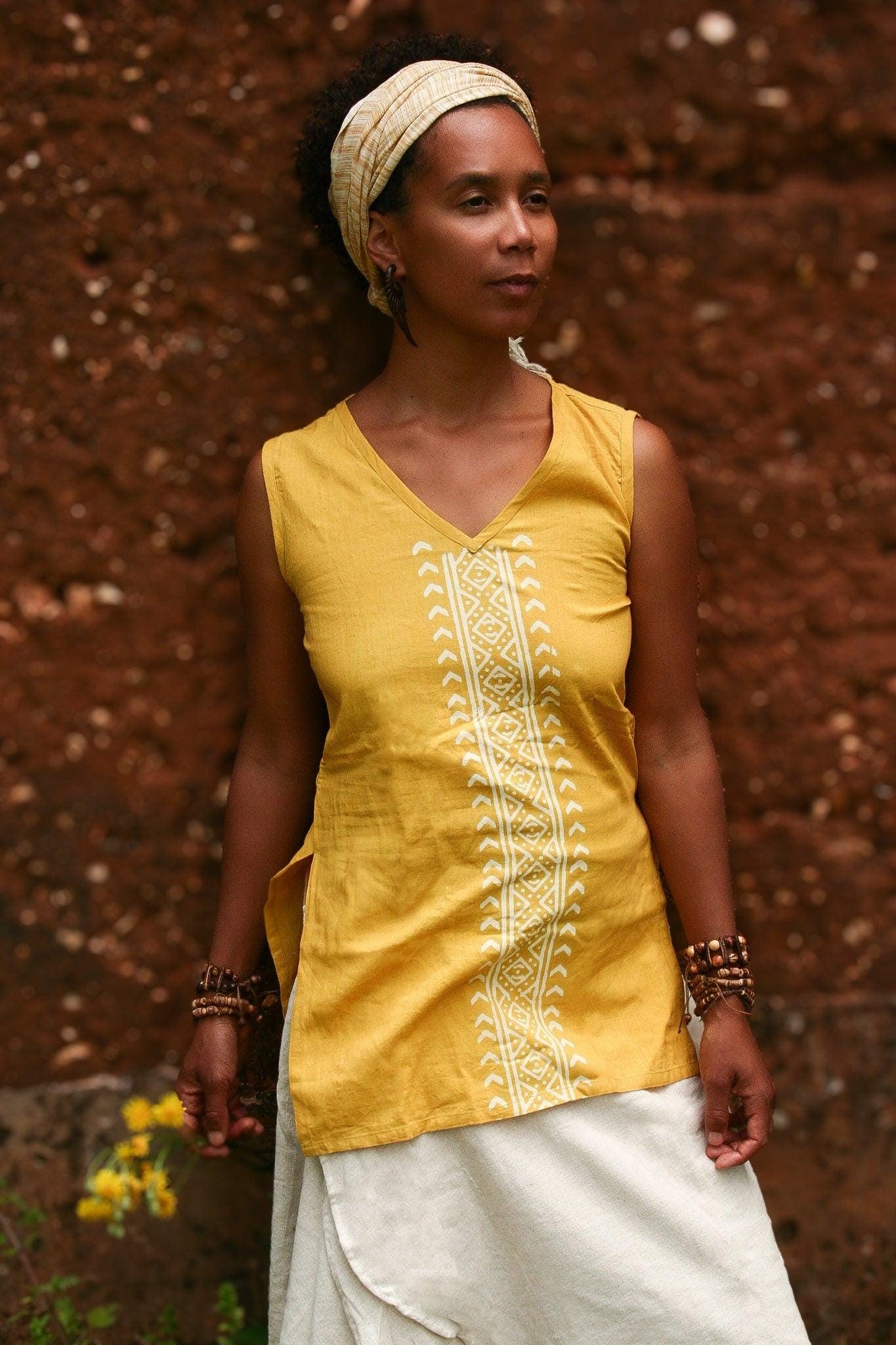 Women Kurta Top, Block Print Top, Tribal Clothing, Yellow Top, Earthy Blouse, Tribal Top, Boho Clothing, Natural Clothing, Hippie Top