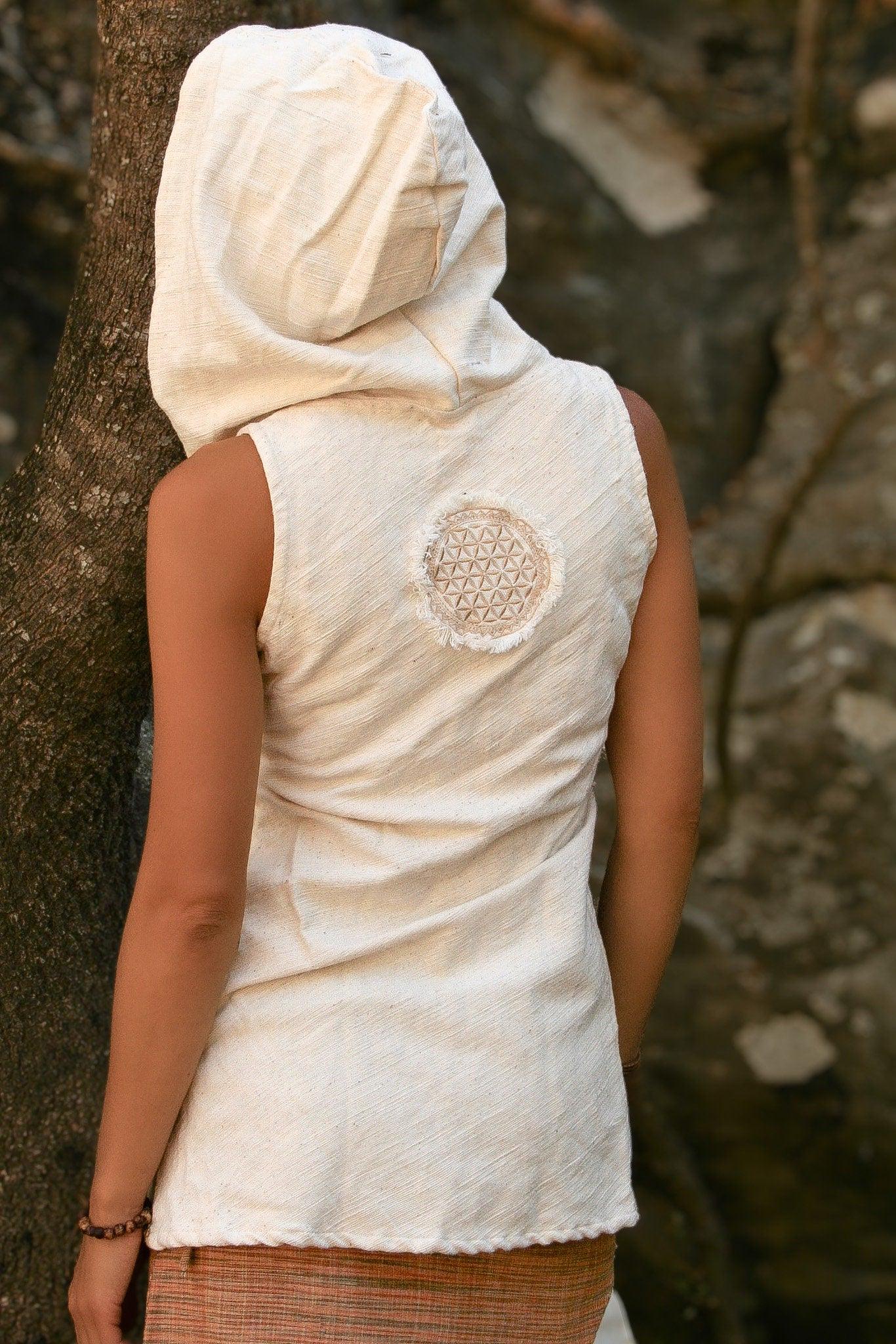 Khadi Tunic Top, Flower Of Life Hoodie, Hooded Top, Earthy Clothing, Khadi Clothing, Boho Hoodie, Hippie Tunic Top, Boho Clothing, White