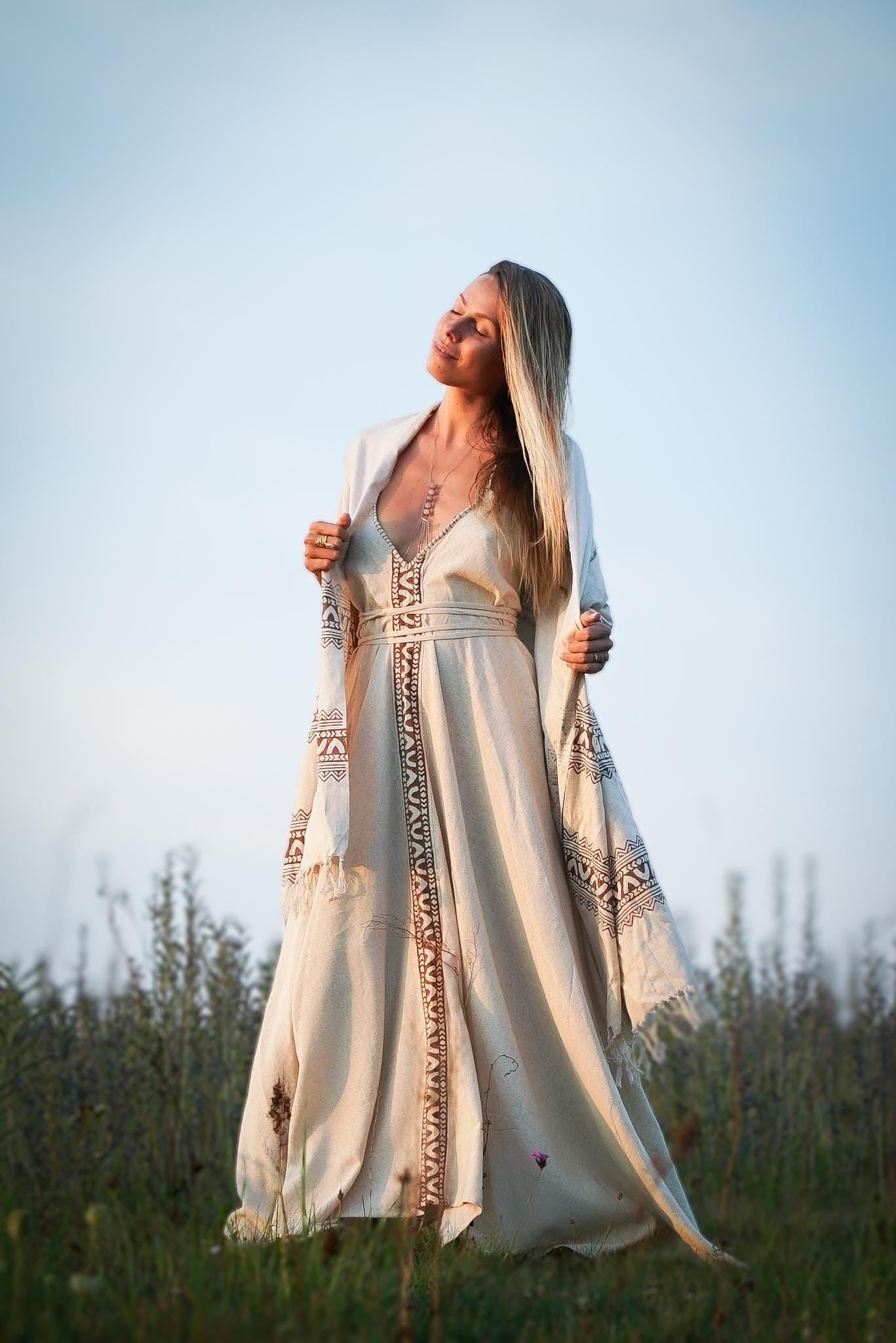 Raw Silk Goddess Dress, Raw Silk Maxi Dress, Tribal Maxi Dress, Block Print Dress, Boho Dress, Bohemian Clothing, Wedding Dress, Ceremonial