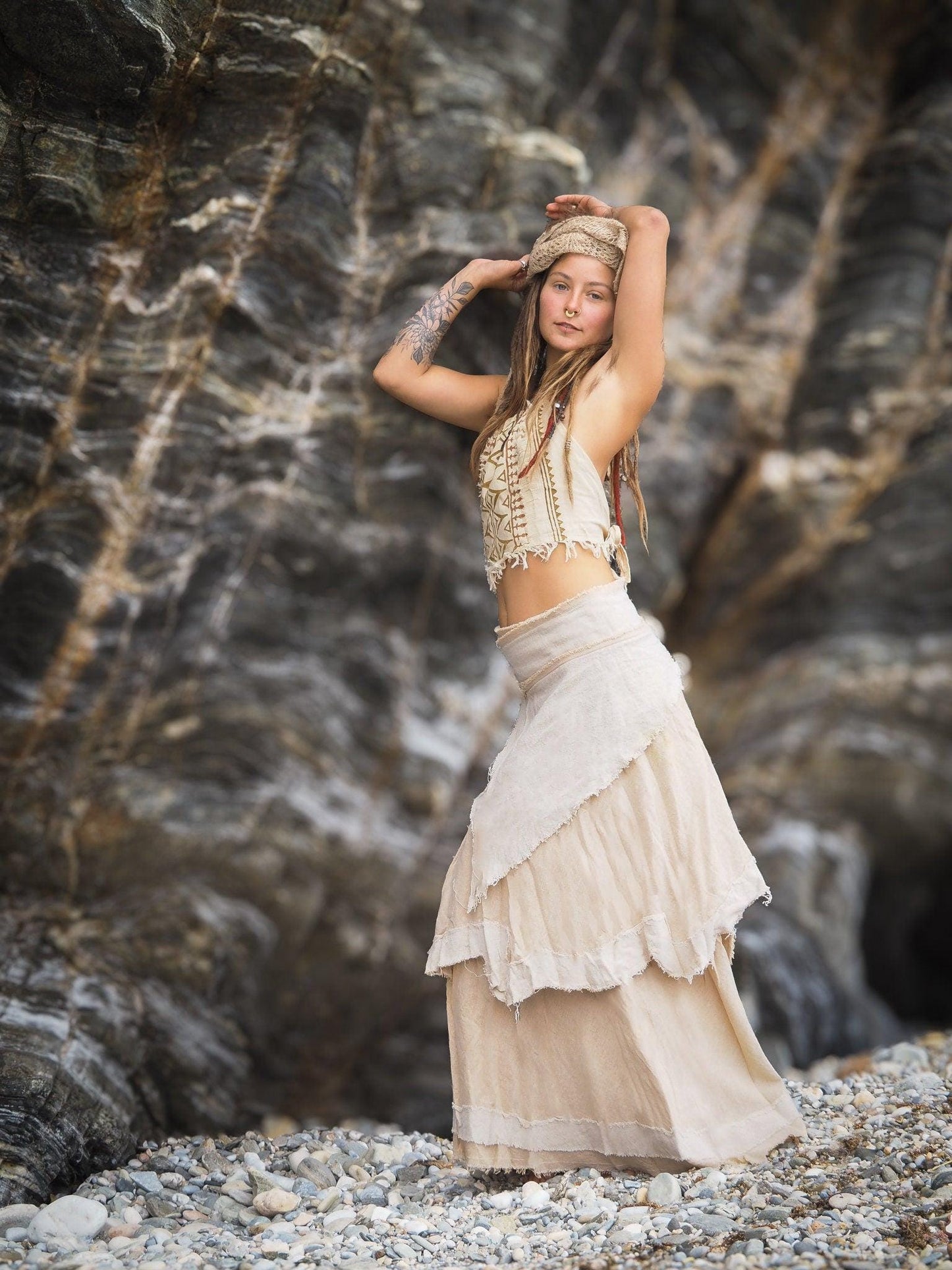 Layered Boho Maxi Skirt, Hippie Drape Skirt, Cotton Wrap Skirt, Long Pixie Skirt, Fairy Skirt, Festival Clothing, Natural Raw Cotton Skirt