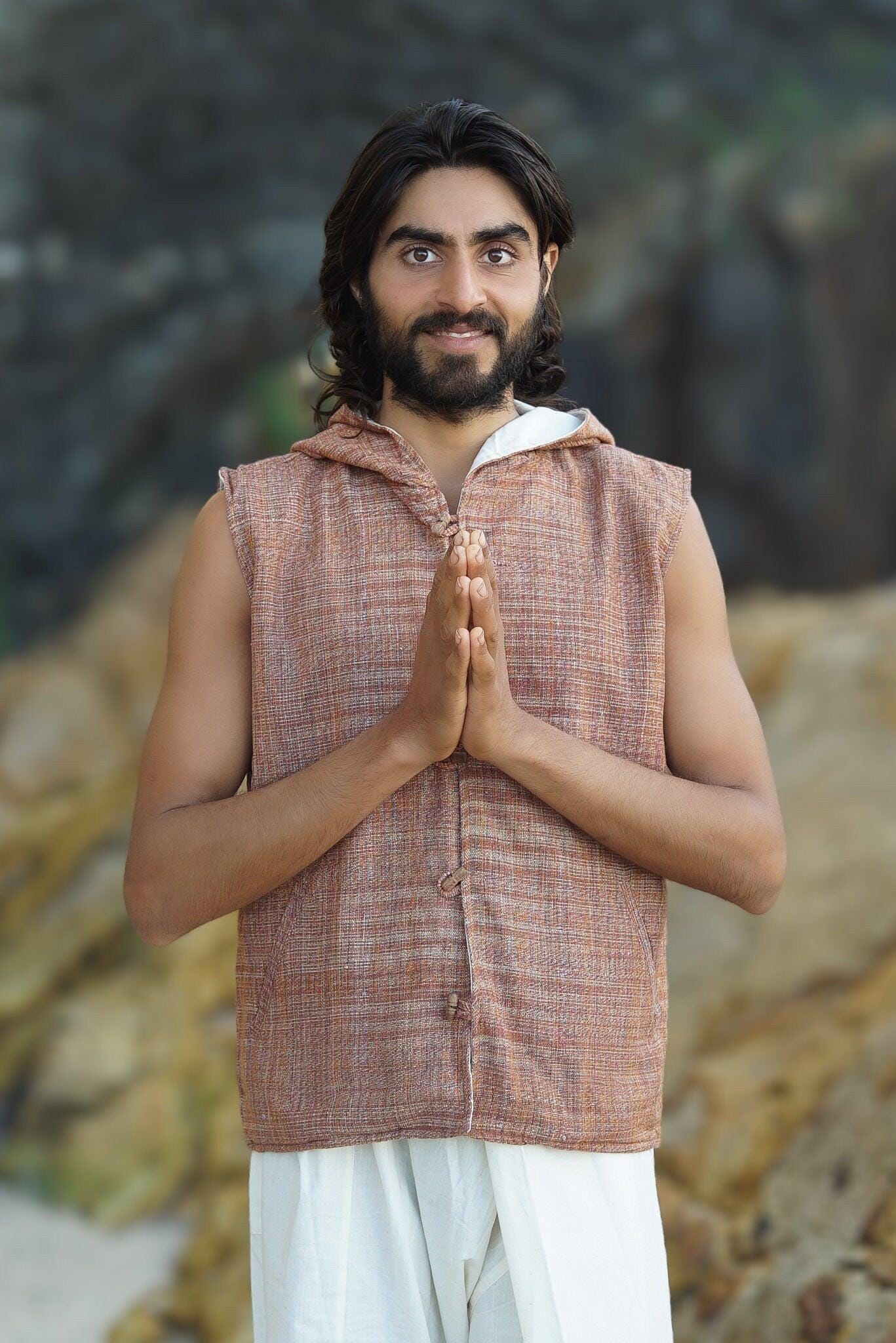 Men Boho Vest, Hooded Vest, Men Waistcoat, Khadi Cotton Vest, Earthy Clothing, Hippie Vest, Hooded Shirt, Psytrance Clothing, Festival Wear