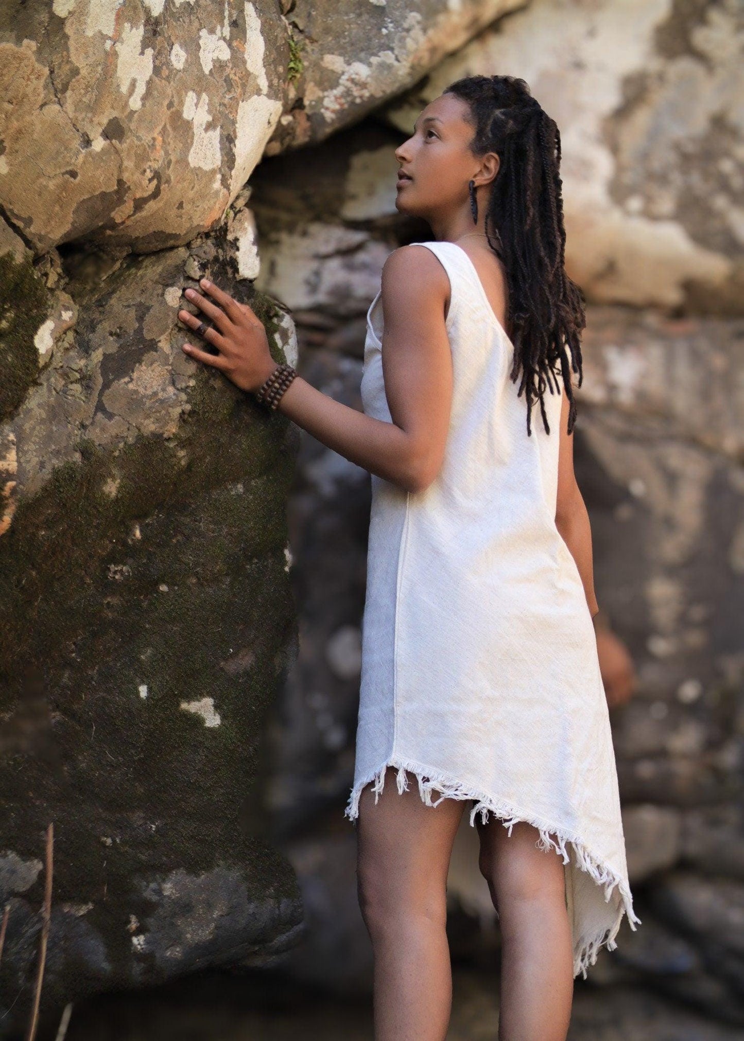 Goddess Cotton Fringe Dress, White Boho Midi Dress, Assymetric Cotton Dress, Frayed Boho Dress, Short Summer Dress, Earthy Clothing