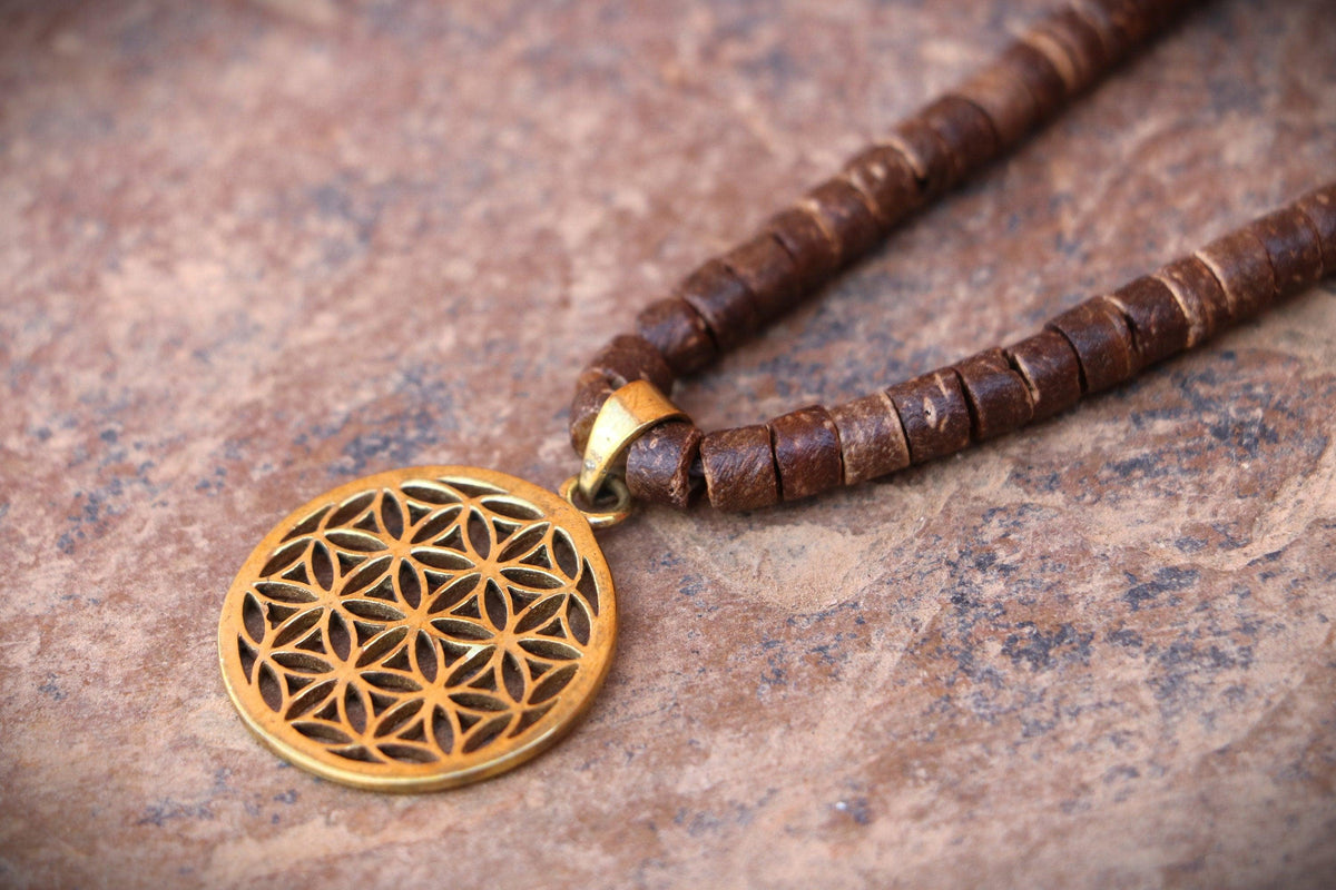 Coconut Sacred Symbols Necklace, Coconut Wood Necklace, Sacred Geometry Necklace, Coconut Wood Necklace, Hippie Necklace, Natural Jewelry