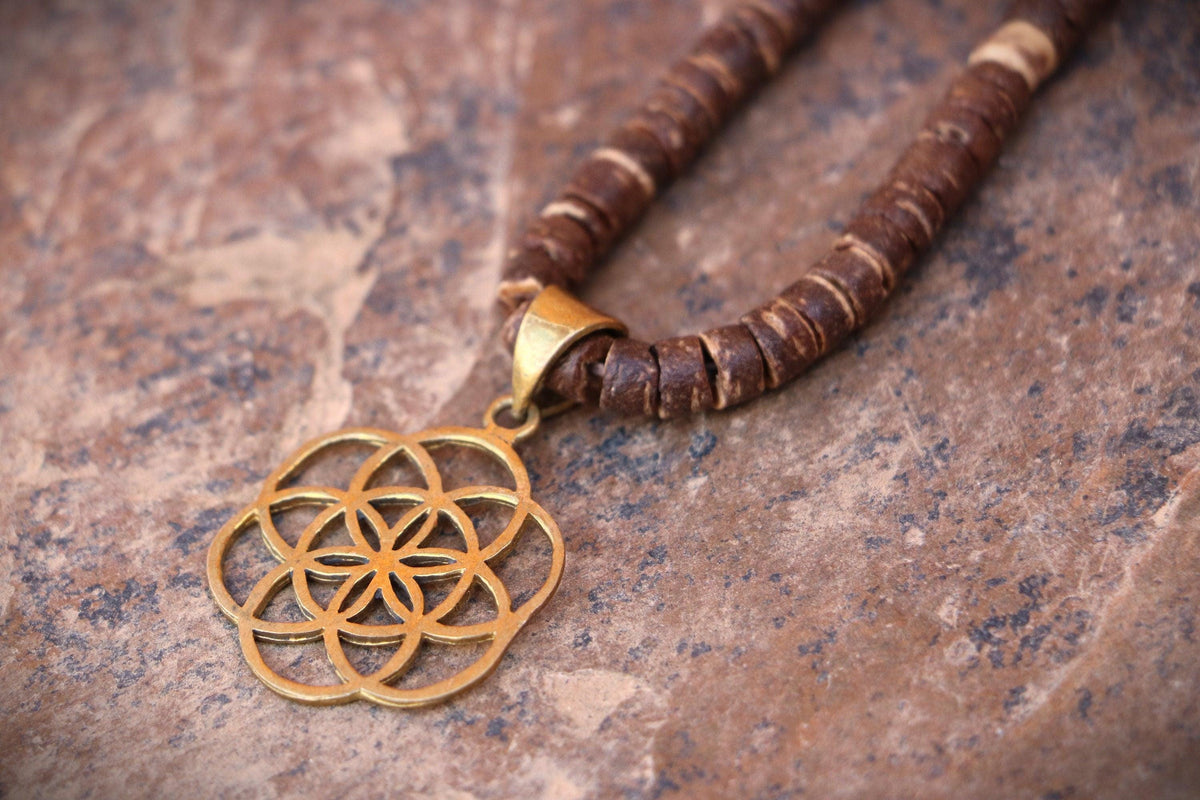 Coconut Sacred Symbols Necklace, Coconut Wood Necklace, Sacred Geometry Necklace, Coconut Wood Necklace, Hippie Necklace, Natural Jewelry