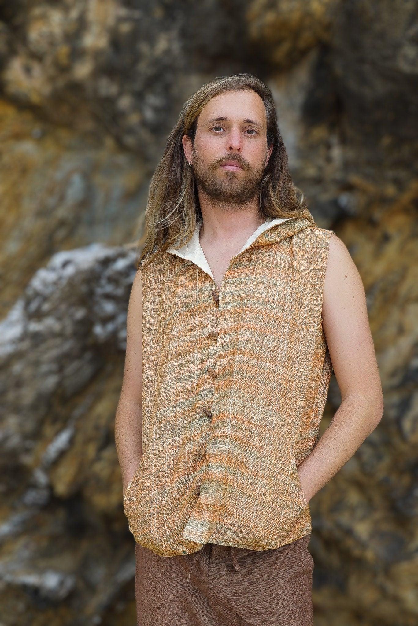 Men Boho Vest, Hooded Vest, Men Waistcoat, Khadi Cotton Vest, Earthy Clothing, Hippie Vest, Hooded Shirt, Psytrance Clothing, Beach Festival