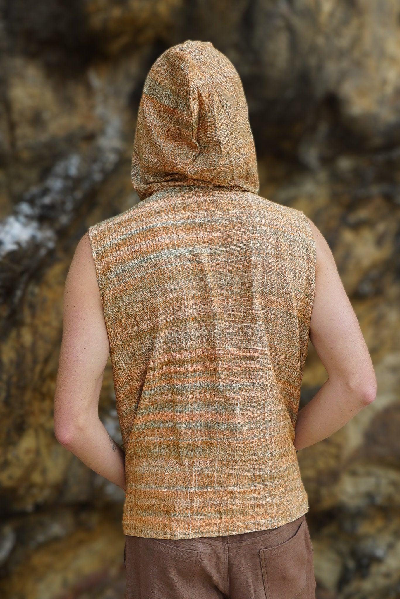 Men Boho Vest, Hooded Vest, Men Waistcoat, Khadi Cotton Vest, Earthy Clothing, Hippie Vest, Hooded Shirt, Psytrance Clothing, Beach Festival