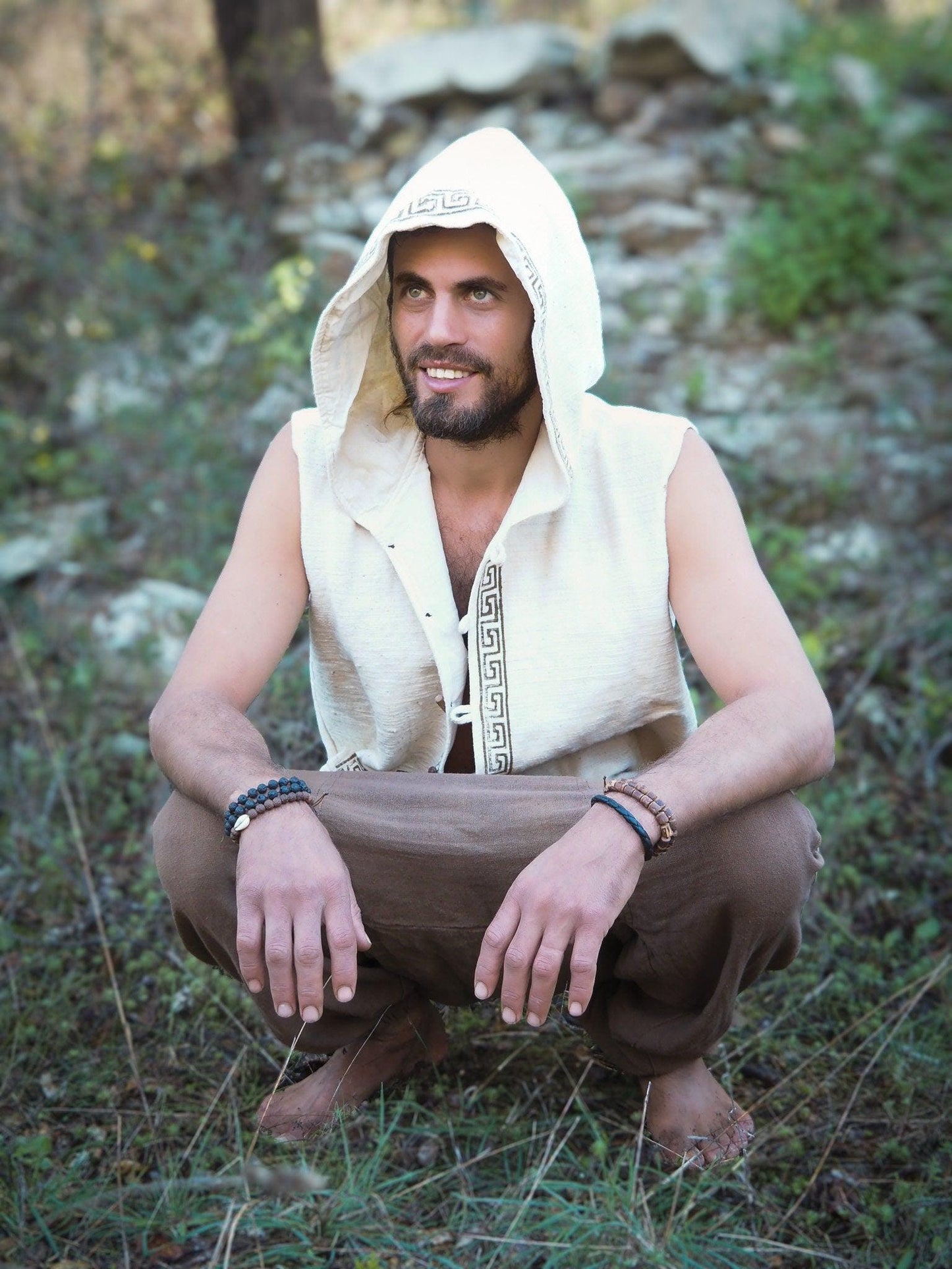 Men's Tribal Hooded Vest, Hoodie Vest, Men Waistcoat, Khadi Cotton Vest, Earthy Clothing, Hooded Shirt, Organic Men's Wear, Hand Made Vest