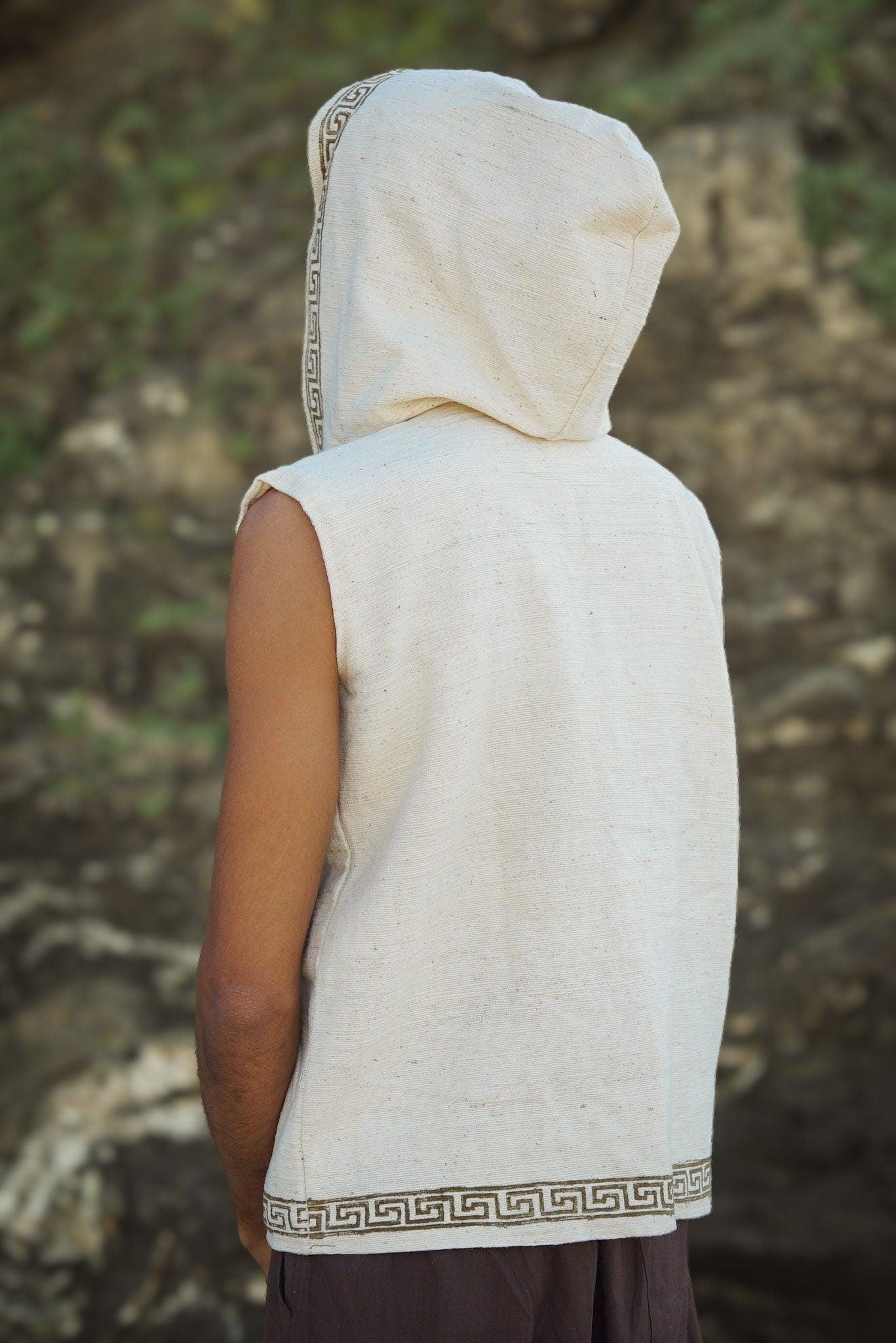 Men's Tribal Hooded Vest, Hoodie Vest, Men Waistcoat, Khadi Cotton Vest, Earthy Clothing, Hooded Shirt, Organic Men's Wear, Hand Made Vest