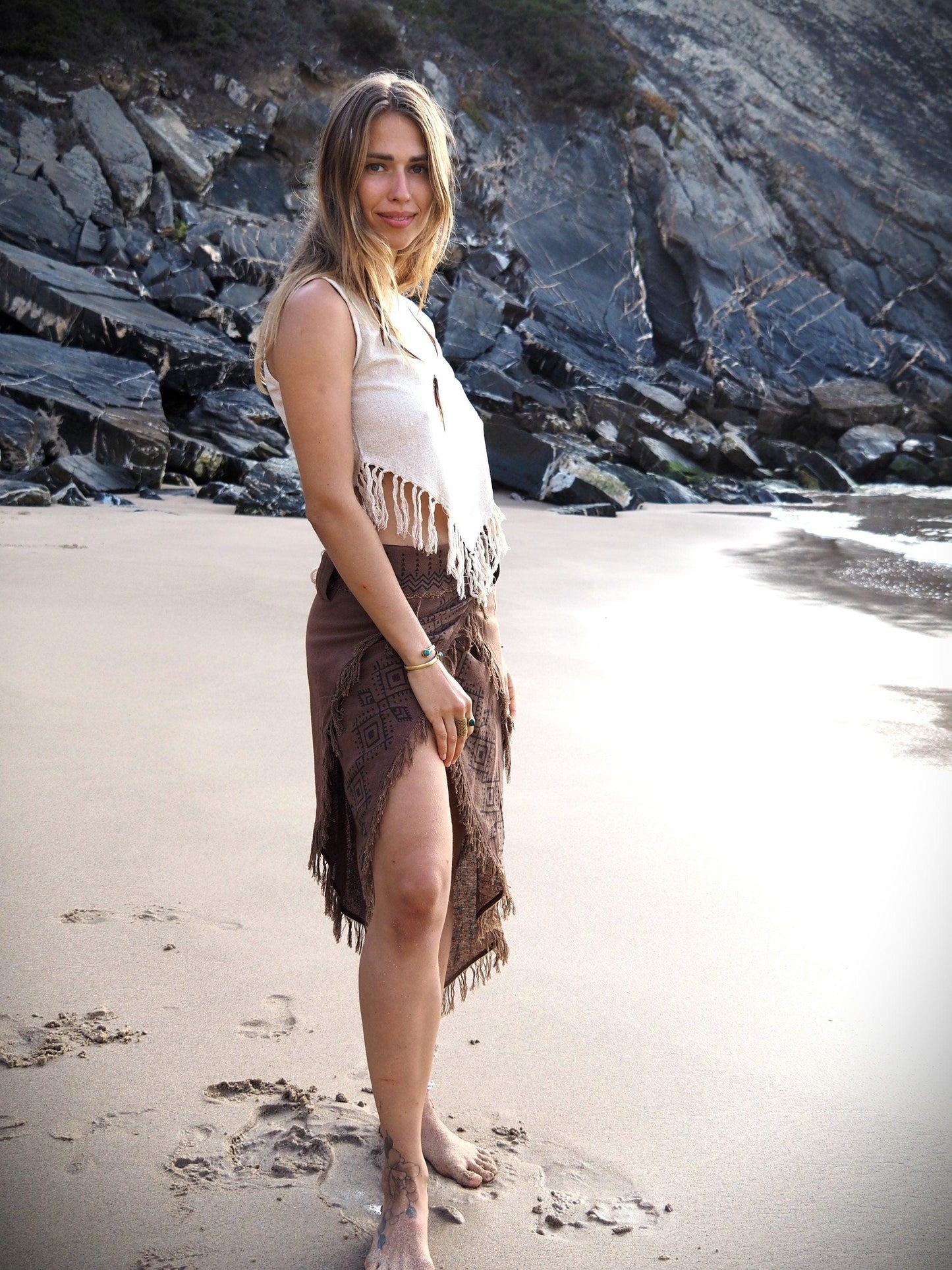 Tribal Block Print Wrap Skirt, Fairy Skirt, Pixie Skirt, Frayed Boho Skirt, Gypsy Skirt, Hippie Skirt, Festival Skirt, Layered Skirt, Earthy
