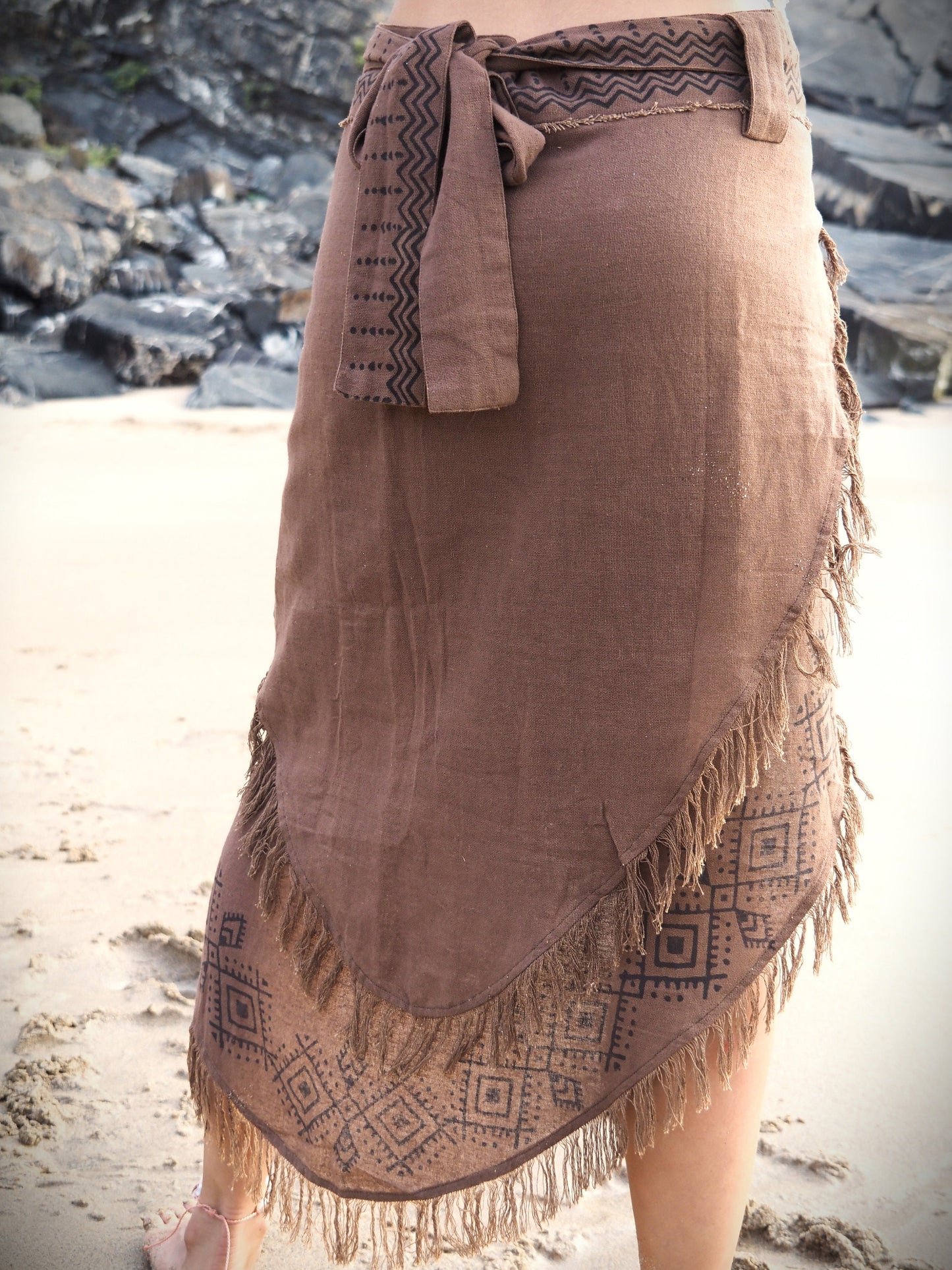 Tribal Block Print Wrap Skirt, Fairy Skirt, Pixie Skirt, Frayed Boho Skirt, Gypsy Skirt, Hippie Skirt, Festival Skirt, Layered Skirt, Earthy