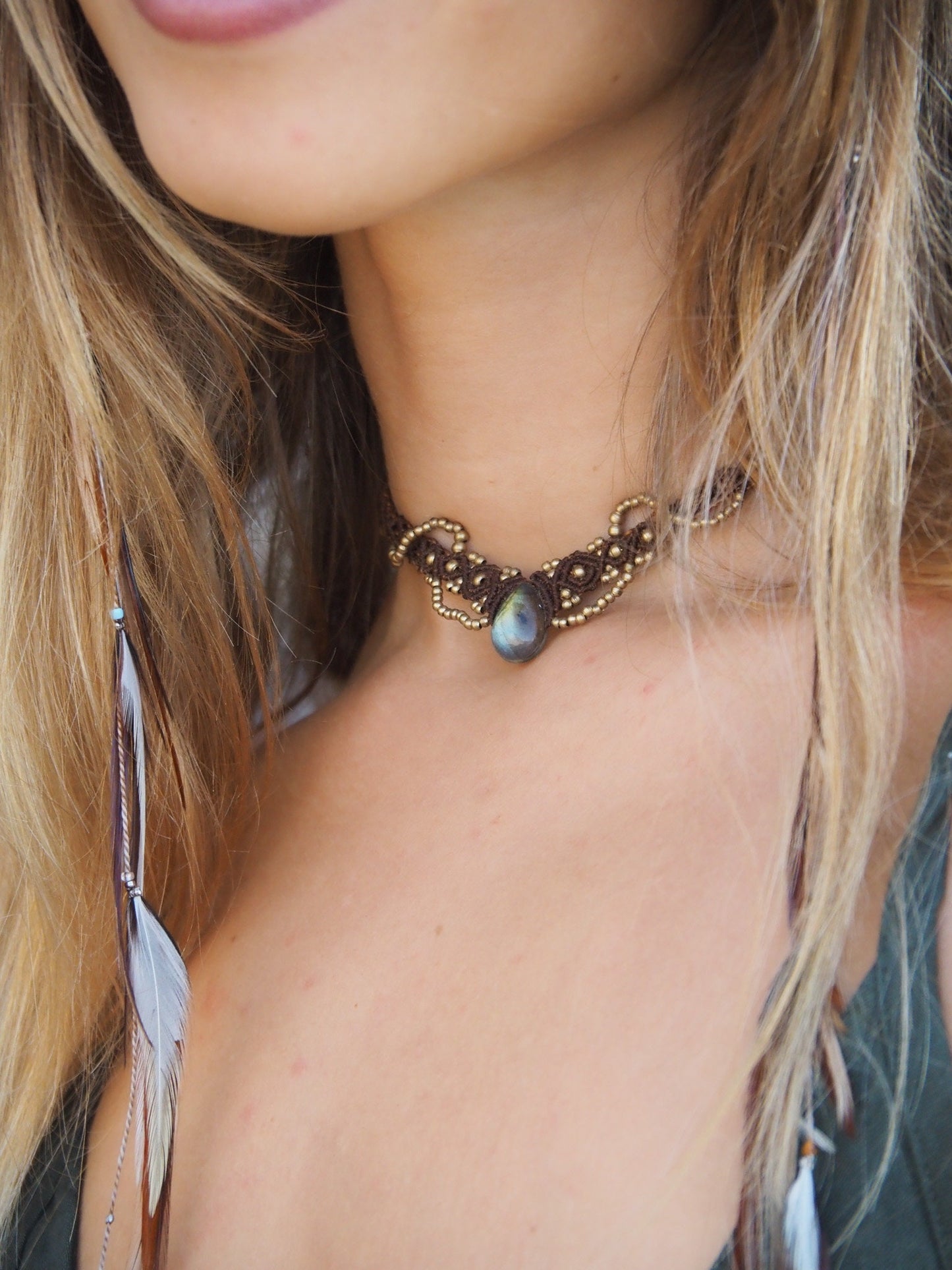 Goddess Tiara Choker Necklace, Handmade Macrame Choker, Labradorite Choker, Labradorite Tiara, Macrame Necklace, Boho, Fairy, Gift for Her