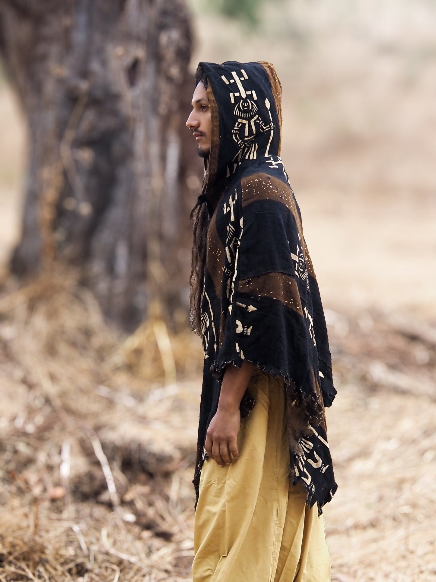 Tribal Poncho, Mud Cloth Poncho, Raw Organic Cotton Poncho, Hooded Poncho, African Poncho, Bogolan, Organic Dye Poncho, Unisex Poncho