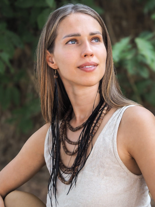 Single Natural Tribal Feather Earring with Acai Seed