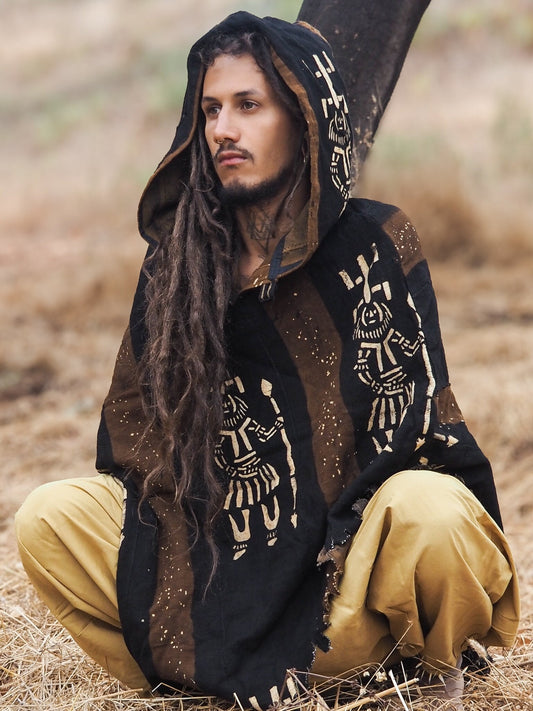 Tribal Poncho, Mud Cloth Poncho, Raw Organic Cotton Poncho, Hooded Poncho, African Poncho, Bogolan, Organic Dye Poncho, Unisex Poncho