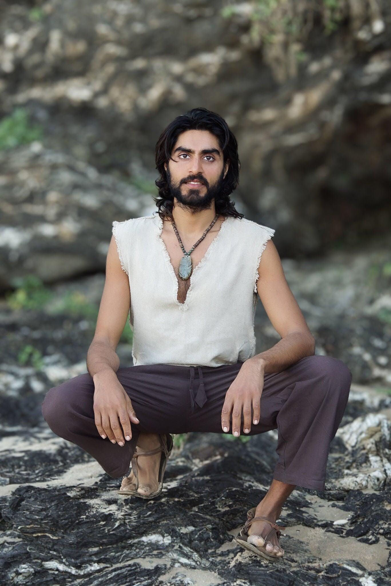 Men's Raw Silk Tank Top, Frayed Sleeveless Shirt, Boho Shirt for Men, Ceremonial Shirt, Bohemian Clothing, Earthy Men Shirt, Gift For Him