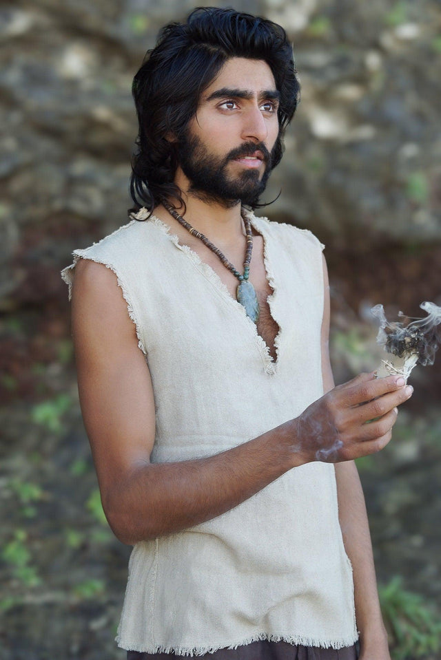 Men's Raw Silk Tank Top, Frayed Sleeveless Shirt, Boho Shirt for Men, Ceremonial Shirt, Bohemian Clothing, Earthy Men Shirt, Gift For Him