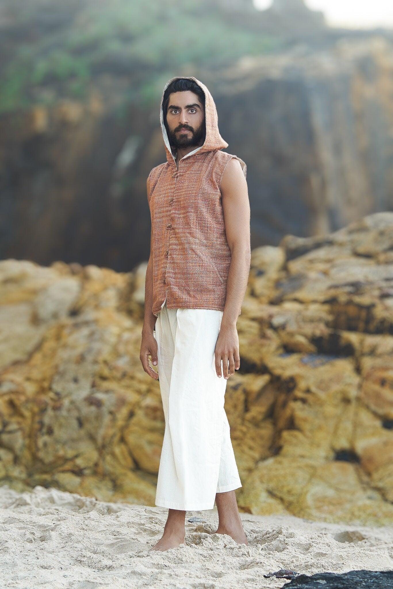 Men Boho Vest, Hooded Vest, Men Waistcoat, Khadi Cotton Vest, Earthy Clothing, Hippie Vest, Hooded Shirt, Psytrance Clothing, Festival Wear