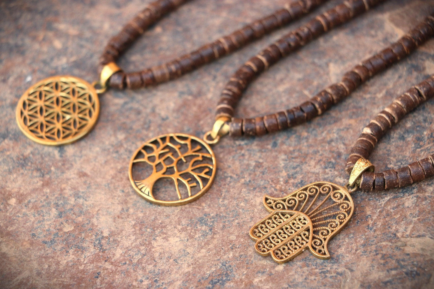 Coconut Sacred Symbols Necklace, Coconut Wood Necklace, Sacred Geometry Necklace, Coconut Wood Necklace, Hippie Necklace, Natural Jewelry