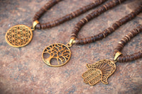 Coconut Sacred Symbols Necklace, Coconut Wood Necklace, Sacred Geometry Necklace, Coconut Wood Necklace, Hippie Necklace, Natural Jewelry