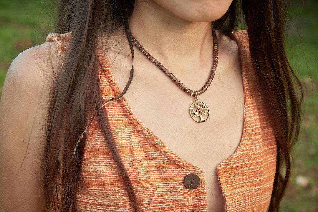 Coconut Sacred Symbols Necklace, Coconut Wood Necklace, Sacred Geometry Necklace, Coconut Wood Necklace, Hippie Necklace, Natural Jewelry
