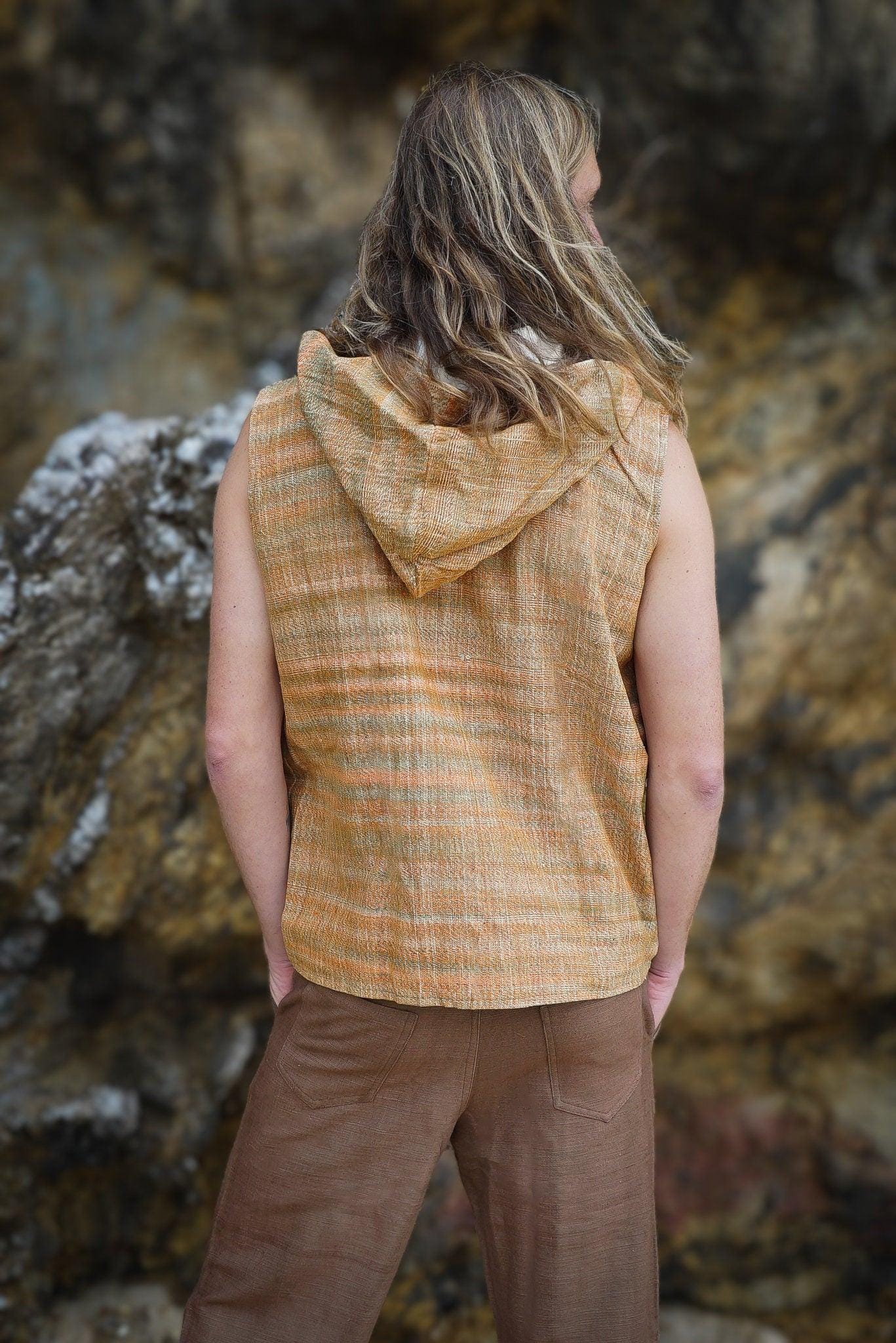 Men Boho Vest, Hooded Vest, Men Waistcoat, Khadi Cotton Vest, Earthy Clothing, Hippie Vest, Hooded Shirt, Psytrance Clothing, Beach Festival