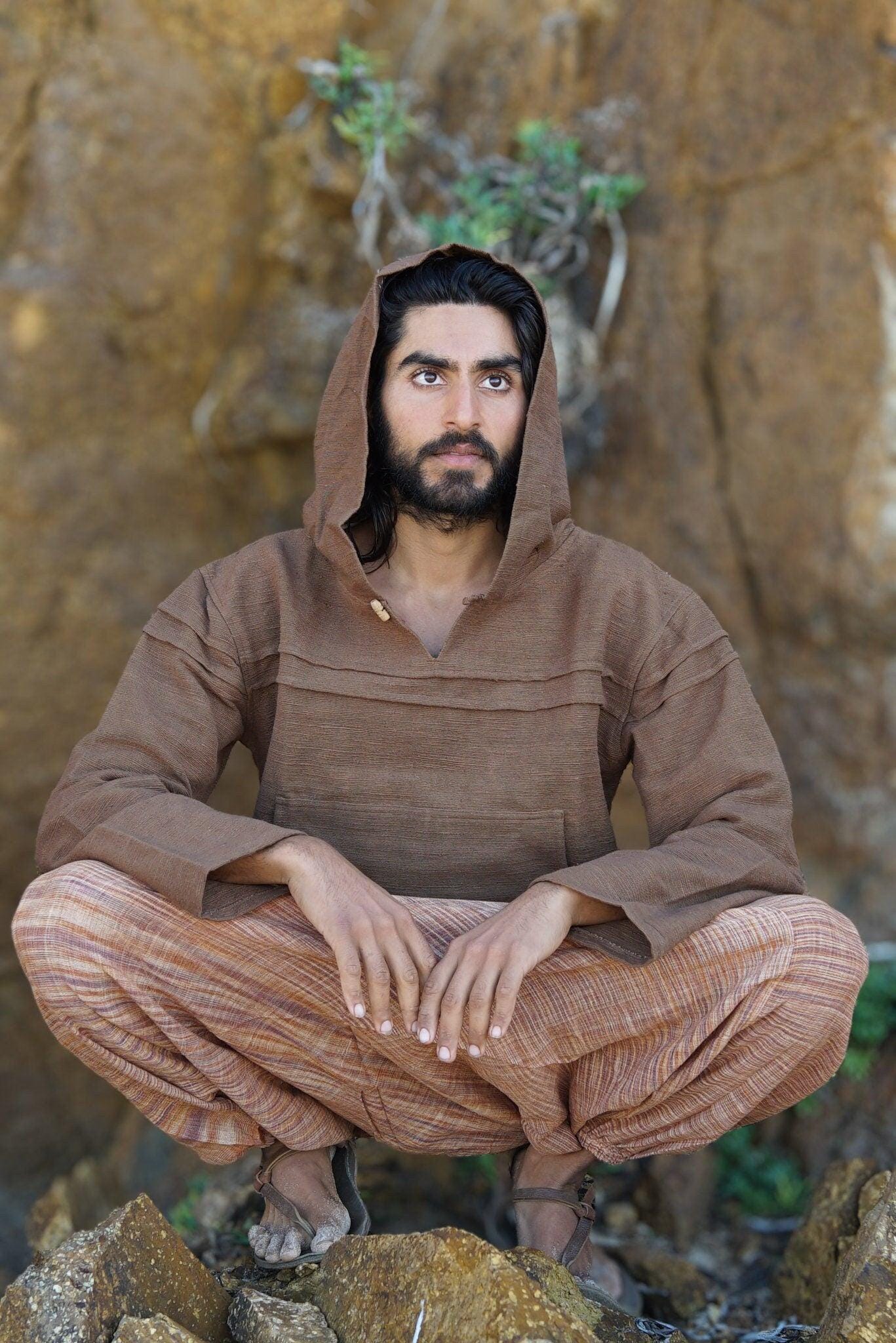 Natural Cotton Hoodie, Men Natural Clothing, Boho Clothing, Men Jumper, Hippie Hoodie, Psytrance Clothing, Indian Hoodie, Earthy Sweatshirt