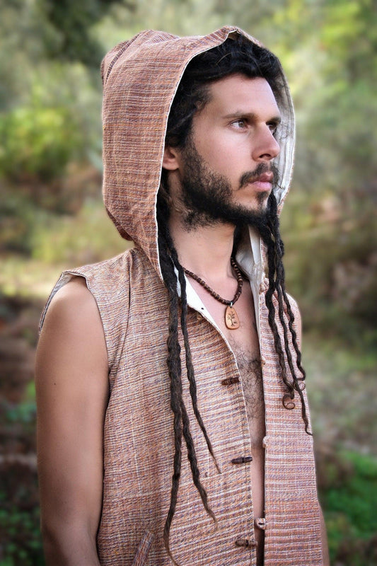 Men Boho Vest, Hooded Vest, Men Waistcoat, Khadi Cotton Vest, Earthy Clothing, Hippie Vest, Hooded Shirt, Psytrance Clothing, Beach Festival