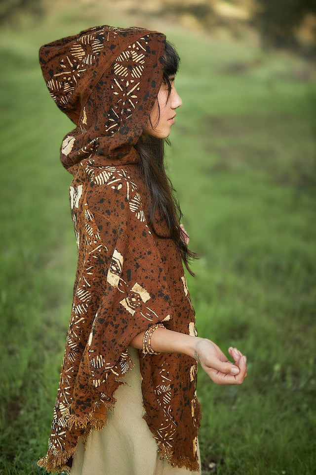 Tribal Poncho, Mud Cloth Poncho, Raw Organic Cotton Poncho, Hooded Poncho, African Poncho, Bogolan, Organic Dye Poncho, Unisex Poncho