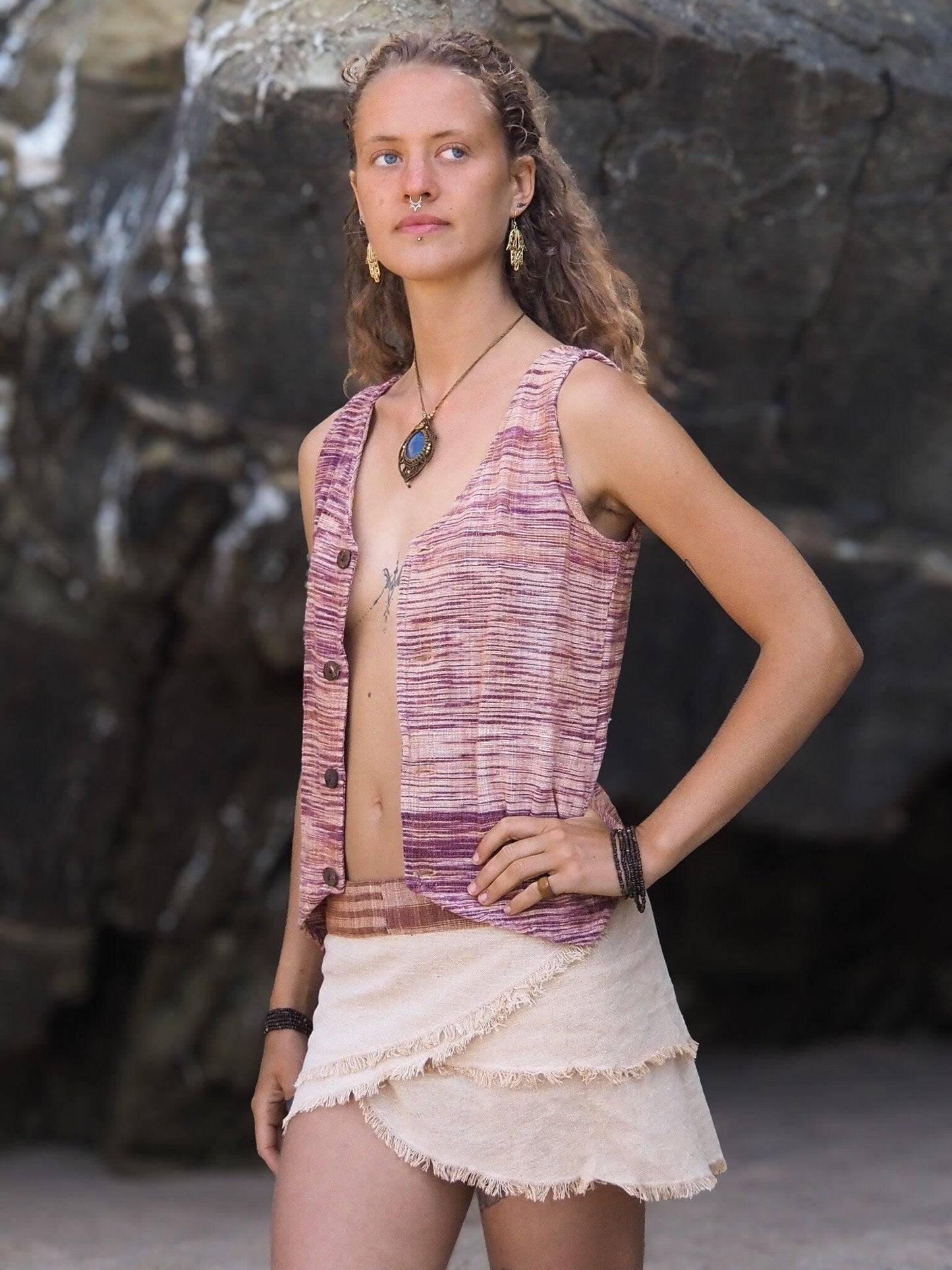 Women Khadi Vest, Hippie Vest, Summer Top, Natural Clothing, Hippie Waistcoat, Buttoned Woman Top, Earthy Waistcoat, Hand Woven Clothing