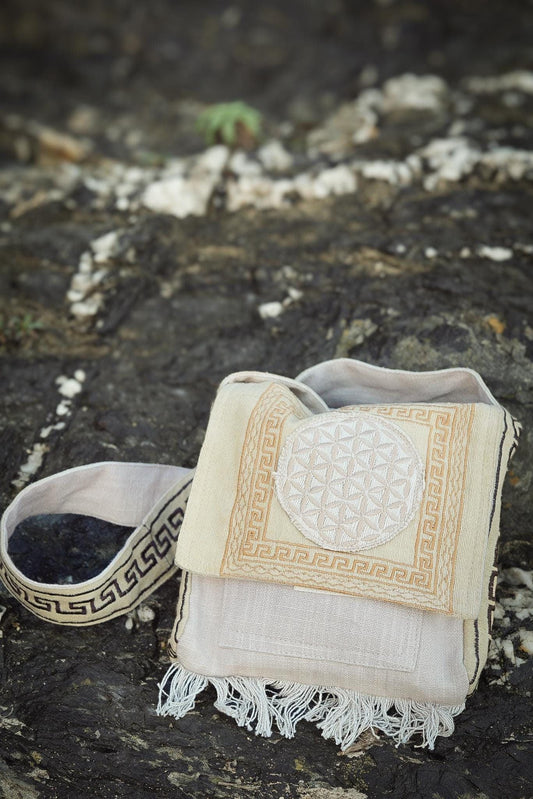 Unisex Flower Of Life Bag, Tribal Bag, Embroidery Bag, Shoulder Bag, Khadi, Cotton, Unisex Bag