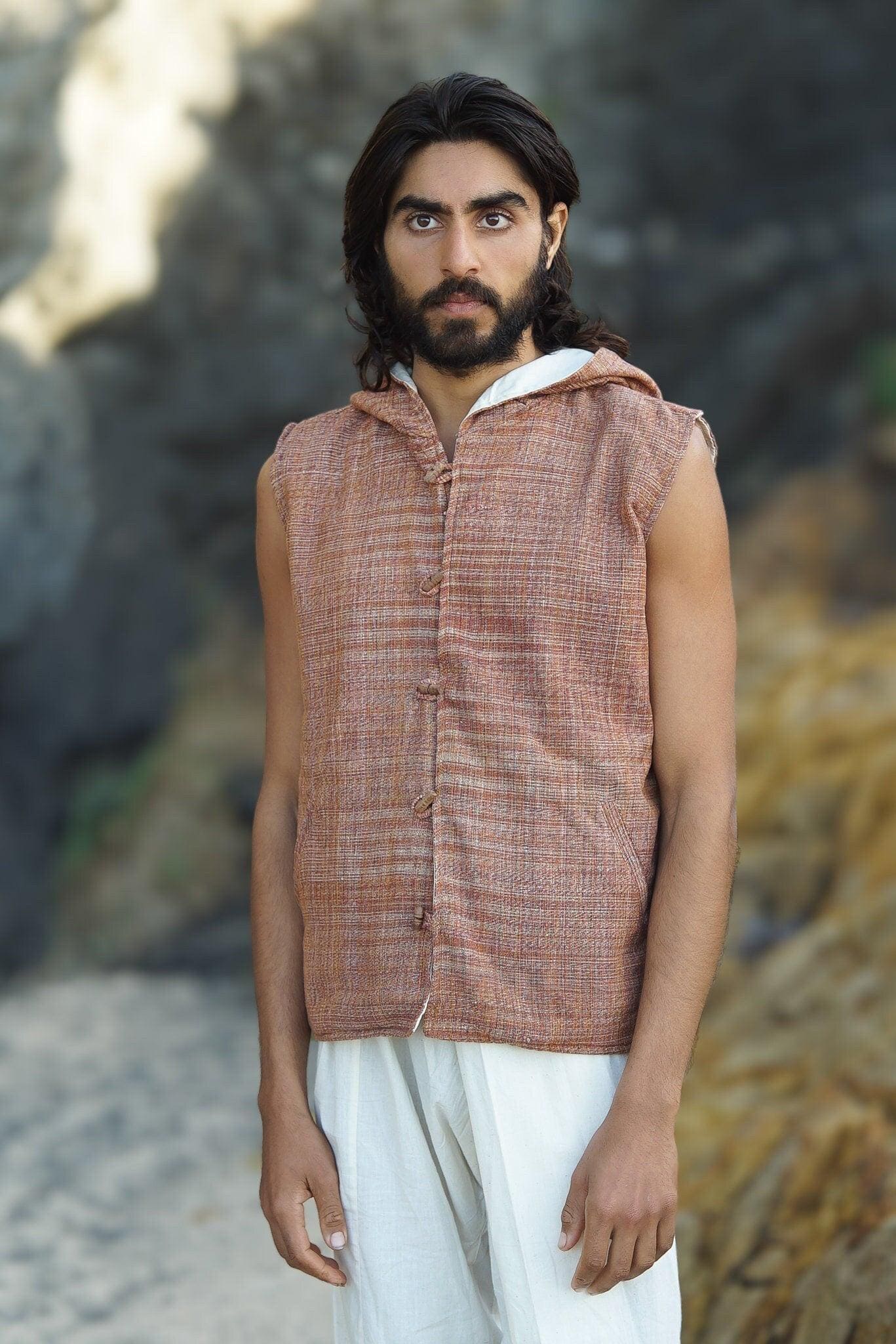 Men Boho Vest, Hooded Vest, Men Waistcoat, Khadi Cotton Vest, Earthy Clothing, Hippie Vest, Hooded Shirt, Psytrance Clothing, Festival Wear