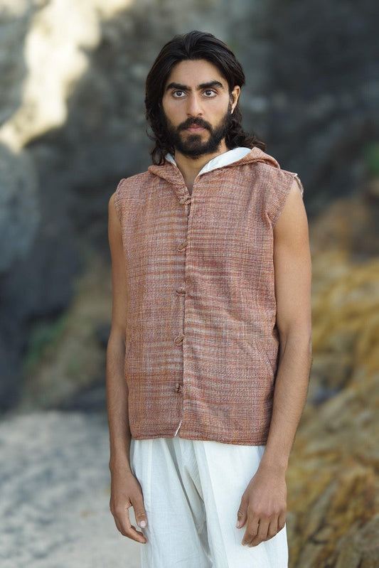 Men Boho Vest, Hooded Vest, Men Waistcoat, Khadi Cotton Vest, Earthy Clothing, Hippie Vest, Hooded Shirt, Psytrance Clothing, Festival Wear