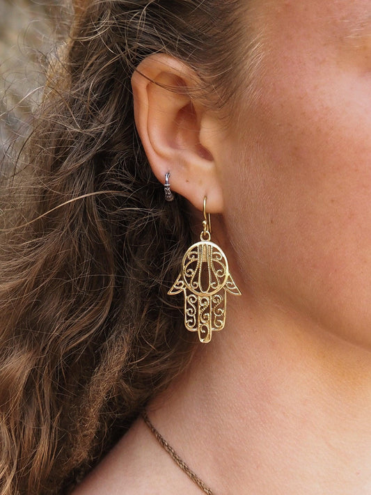 Hamsa Hand Brass Earrings, Hand of Fatima Earrings, Hamsa Earrings, Brass Dangle Earrings, Evil Eye Protection Earrings, Sacred Jewelry