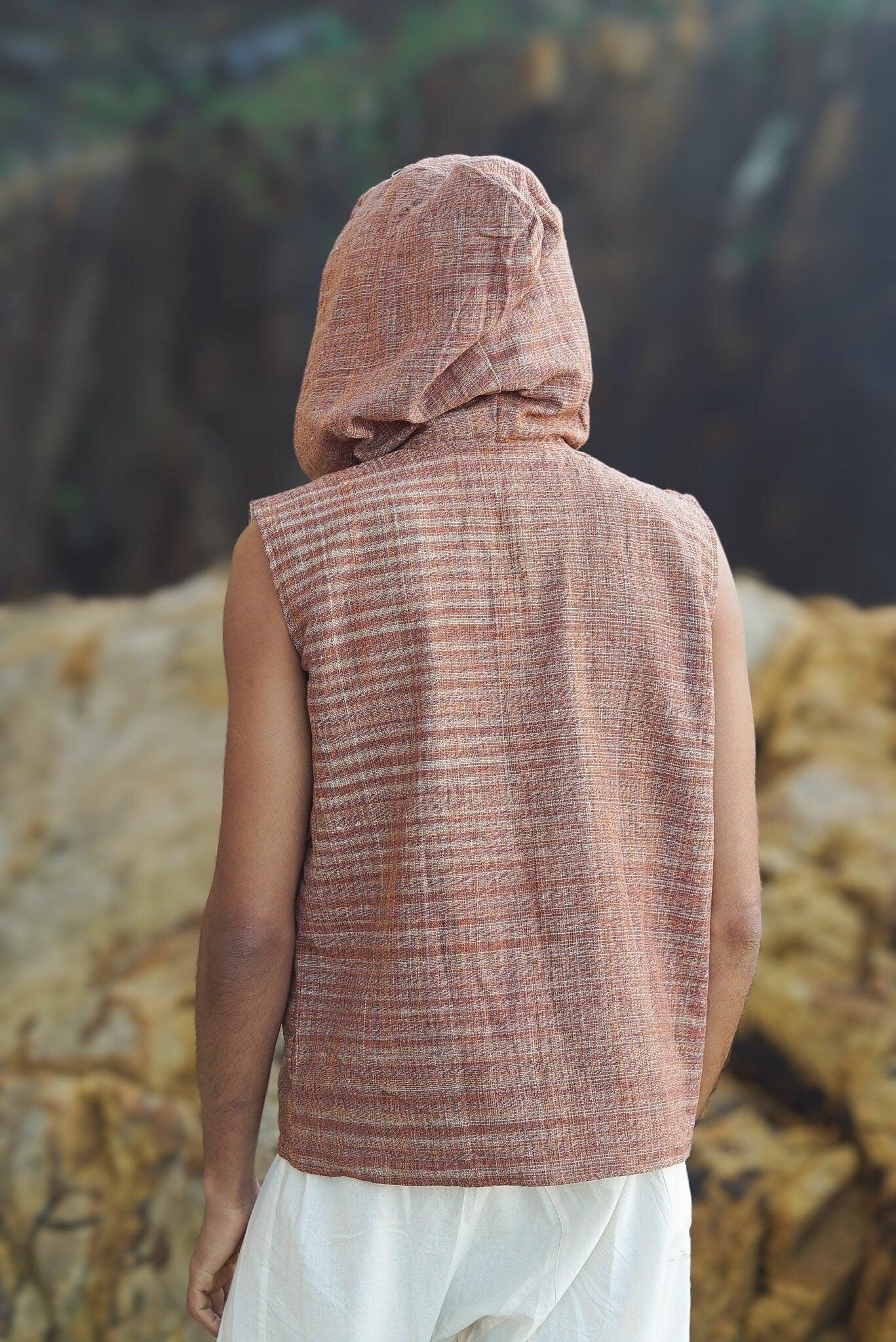 Men Boho Vest, Hooded Vest, Men Waistcoat, Khadi Cotton Vest, Earthy Clothing, Hippie Vest, Hooded Shirt, Psytrance Clothing, Festival Wear