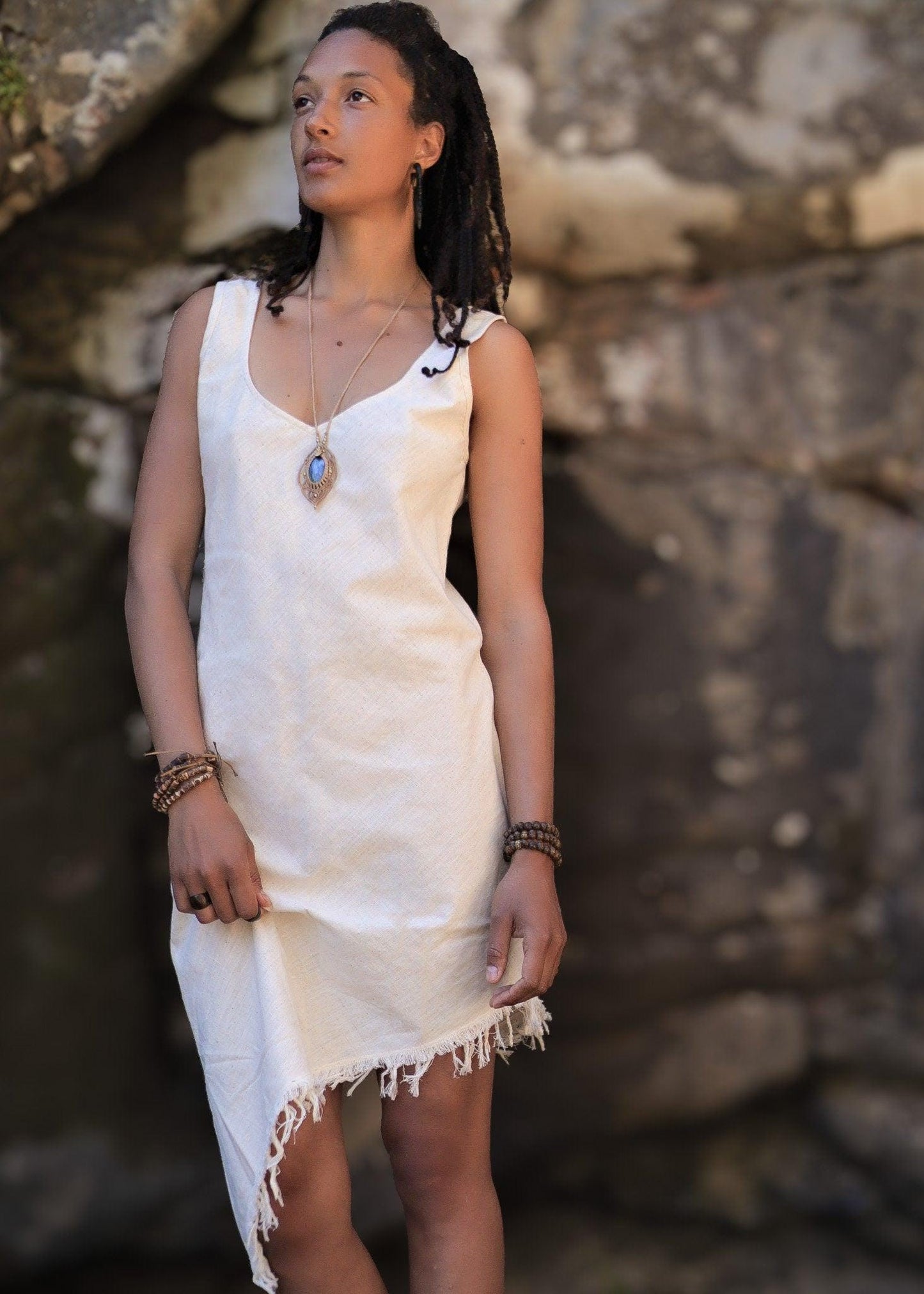 Goddess Cotton Fringe Dress, White Boho Midi Dress, Assymetric Cotton Dress, Frayed Boho Dress, Short Summer Dress, Earthy Clothing