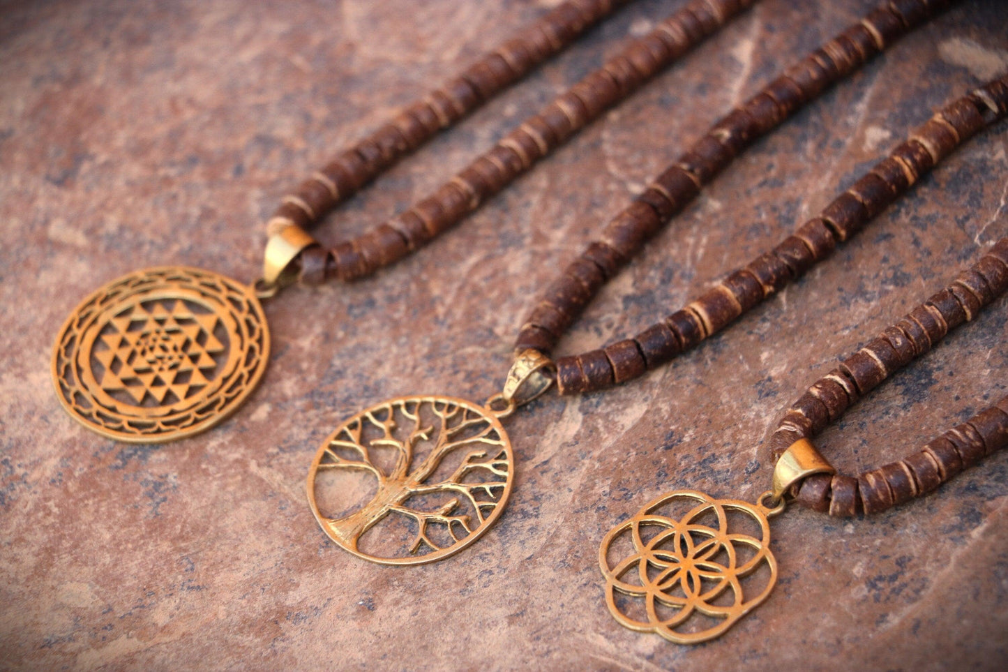 Coconut Sacred Symbols Necklace, Coconut Wood Necklace, Sacred Geometry Necklace, Coconut Wood Necklace, Hippie Necklace, Natural Jewelry