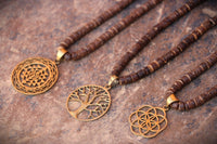 Coconut Sacred Symbols Necklace, Coconut Wood Necklace, Sacred Geometry Necklace, Coconut Wood Necklace, Hippie Necklace, Natural Jewelry
