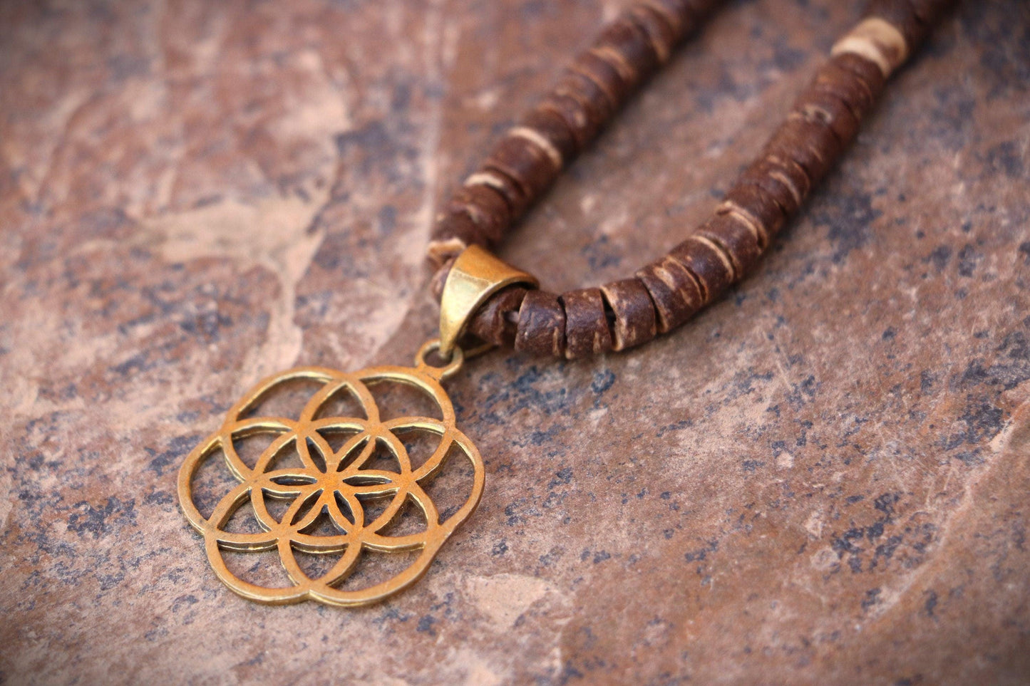 Coconut Sacred Symbols Necklace, Coconut Wood Necklace, Sacred Geometry Necklace, Coconut Wood Necklace, Hippie Necklace, Natural Jewelry