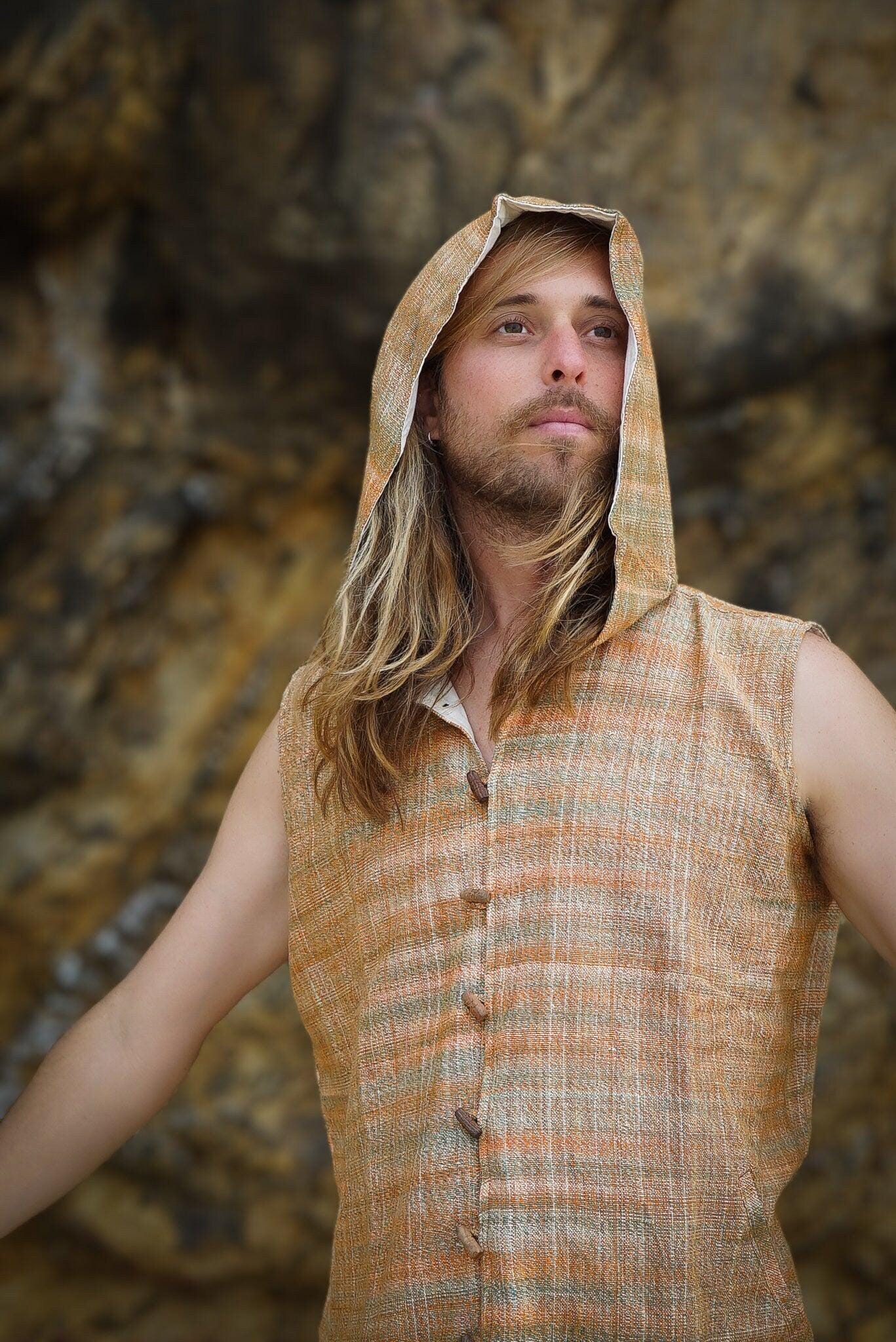 Men Boho Vest, Hooded Vest, Men Waistcoat, Khadi Cotton Vest, Earthy Clothing, Hippie Vest, Hooded Shirt, Psytrance Clothing, Beach Festival