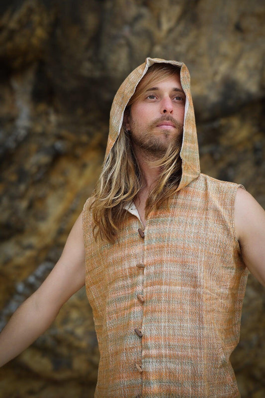 Men Boho Vest, Hooded Vest, Men Waistcoat, Khadi Cotton Vest, Earthy Clothing, Hippie Vest, Hooded Shirt, Psytrance Clothing, Beach Festival