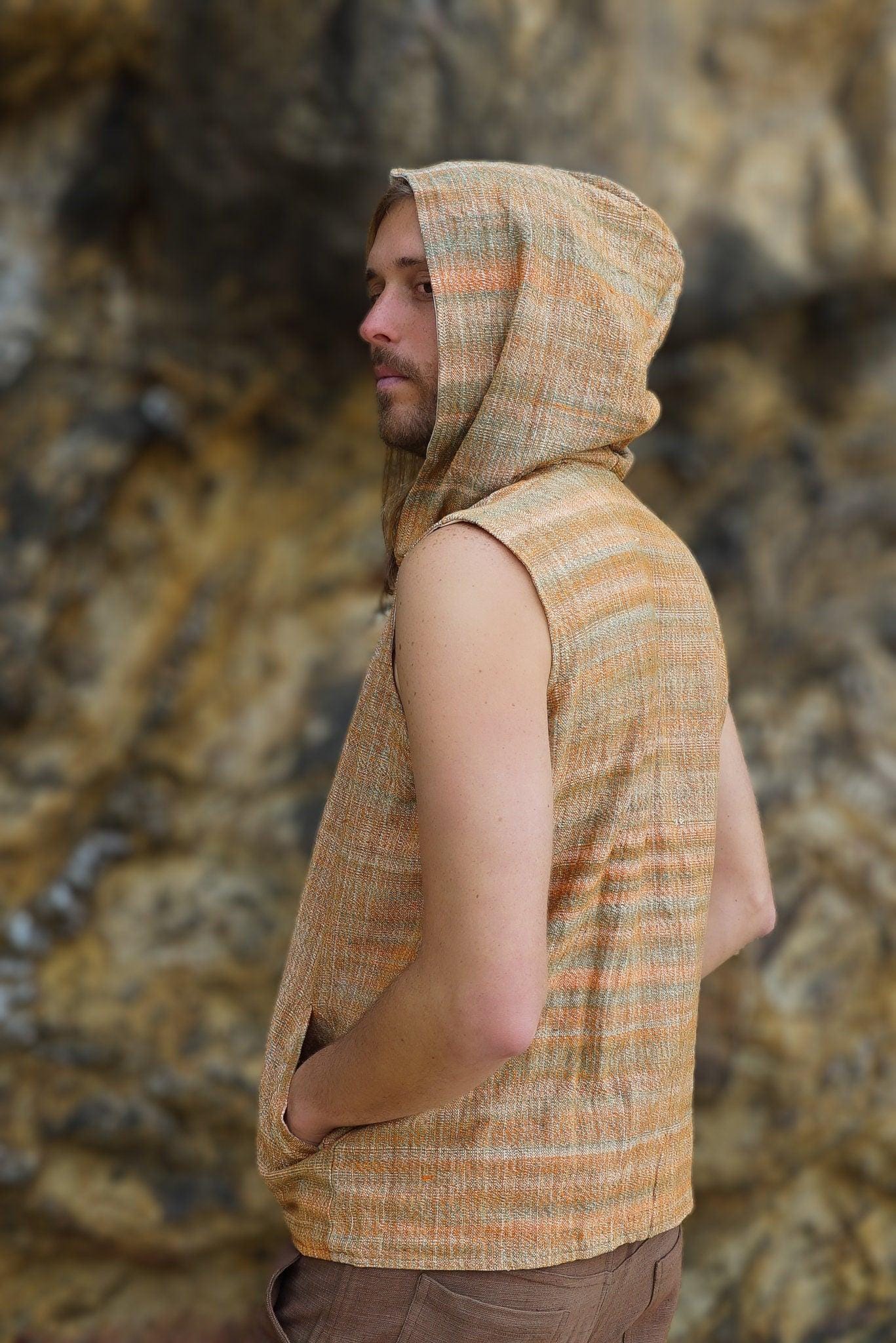 Men Boho Vest, Hooded Vest, Men Waistcoat, Khadi Cotton Vest, Earthy Clothing, Hippie Vest, Hooded Shirt, Psytrance Clothing, Beach Festival