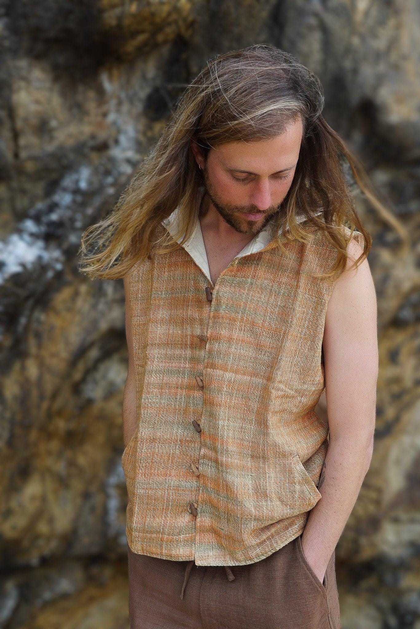 Men Boho Vest, Hooded Vest, Men Waistcoat, Khadi Cotton Vest, Earthy Clothing, Hippie Vest, Hooded Shirt, Psytrance Clothing, Beach Festival