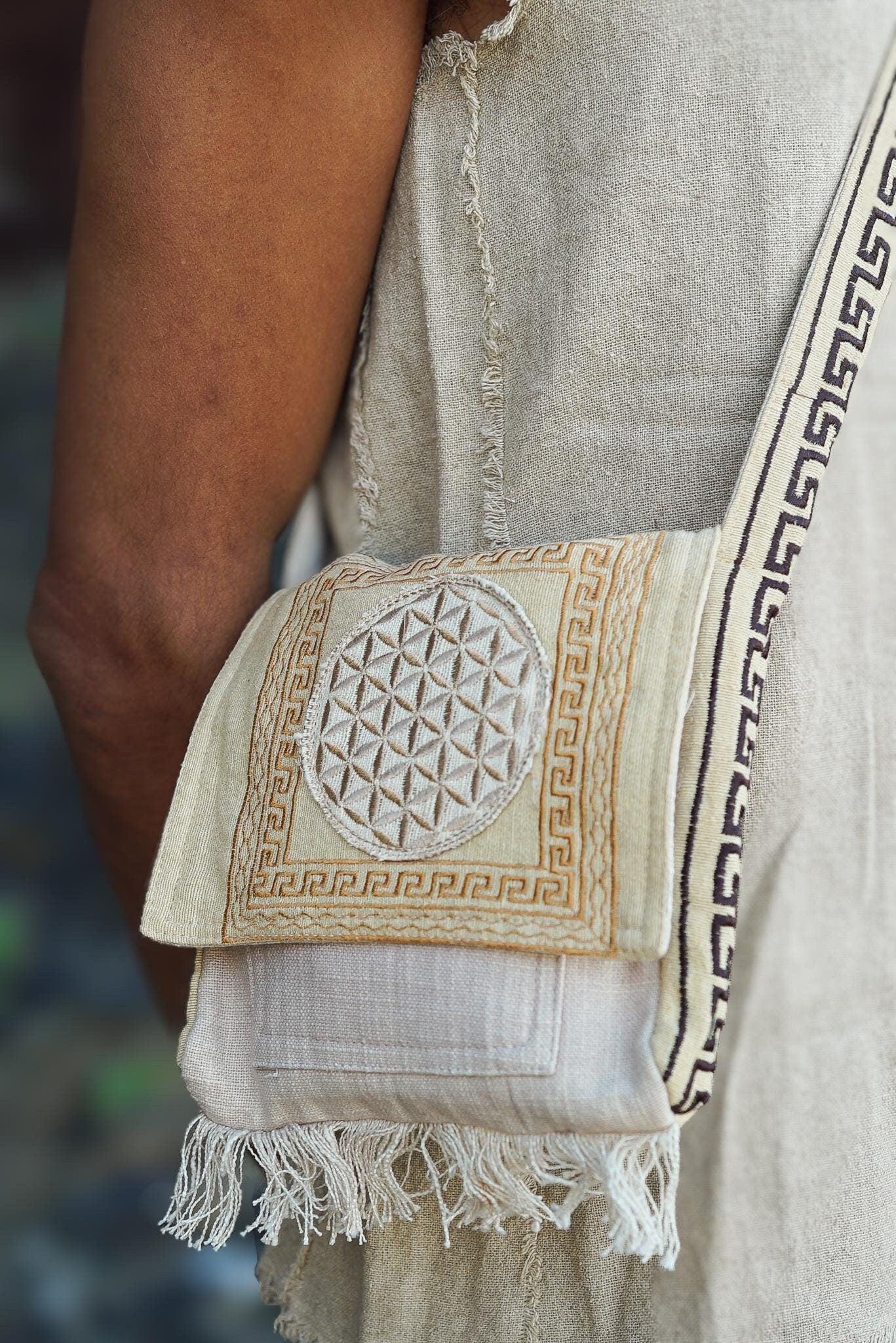 Unisex Flower Of Life Bag, Tribal Bag, Embroidery Bag, Shoulder Bag, Khadi, Cotton, Unisex Bag